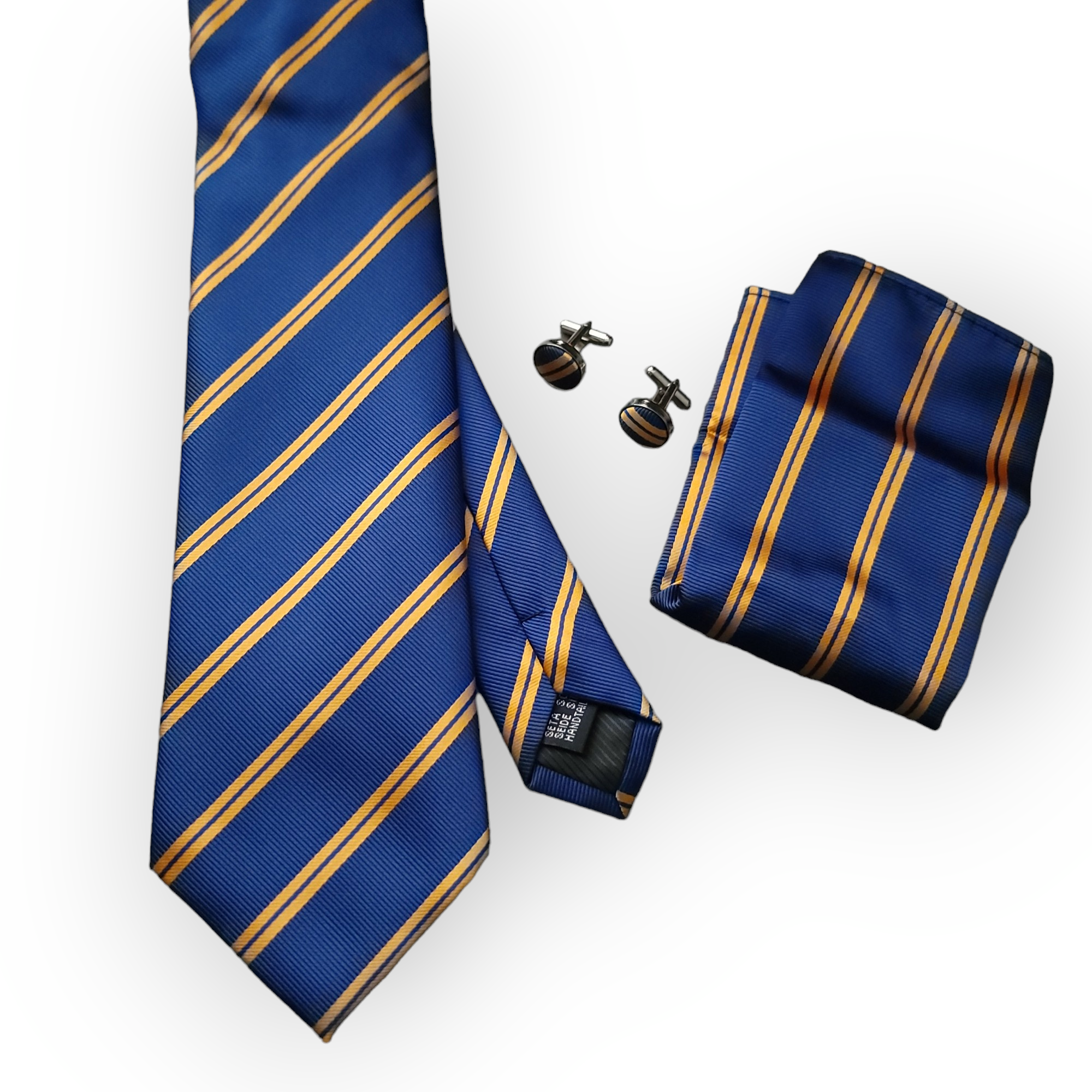 Blue Stripe Silk Tie Pocket Square Cufflink Set