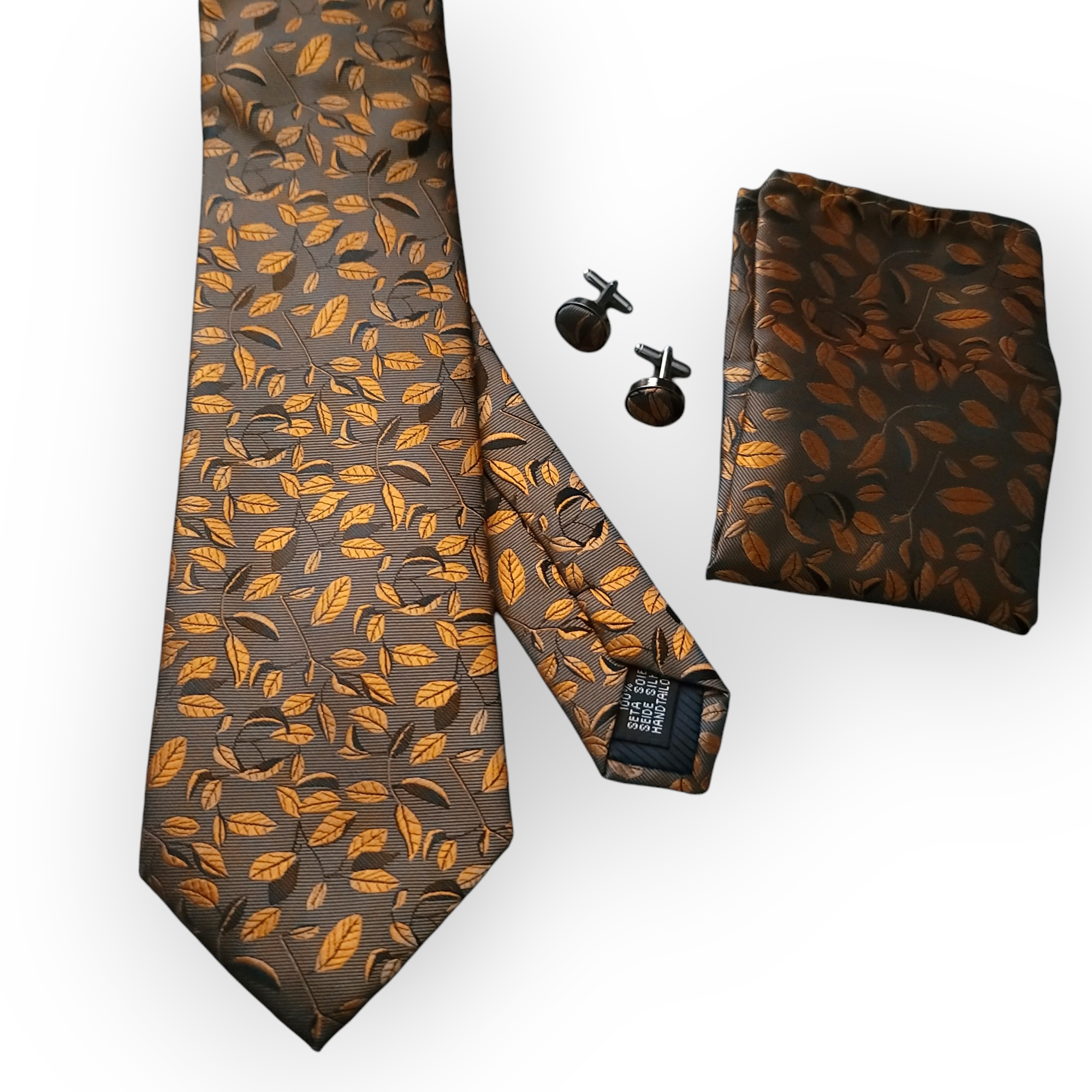 Brown Harvest Gold Leaves Autumn Floral Silk Tie Pocket Square Cufflink Set