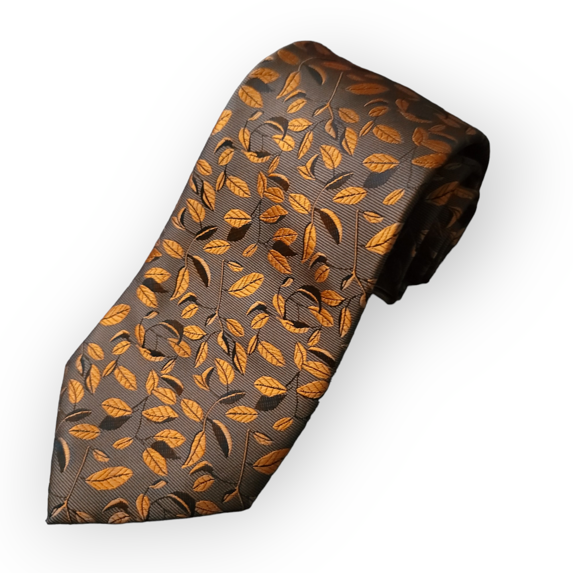 Brown Harvest Gold Leaves Autumn Floral Silk Tie Pocket Square Cufflink Set
