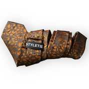 Brown Harvest Gold Leaves Autumn Floral Silk Tie Pocket Square Cufflink Set
