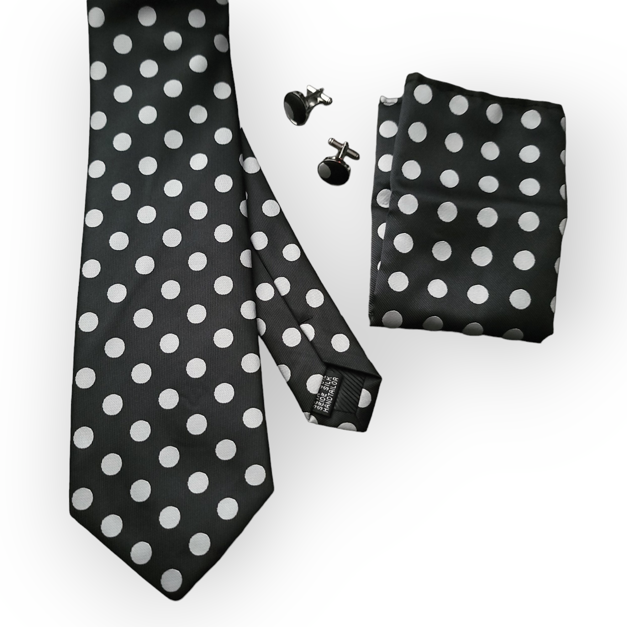 Classic Black Polka Dot Silk Tie Pocket Square Cufflinks Set