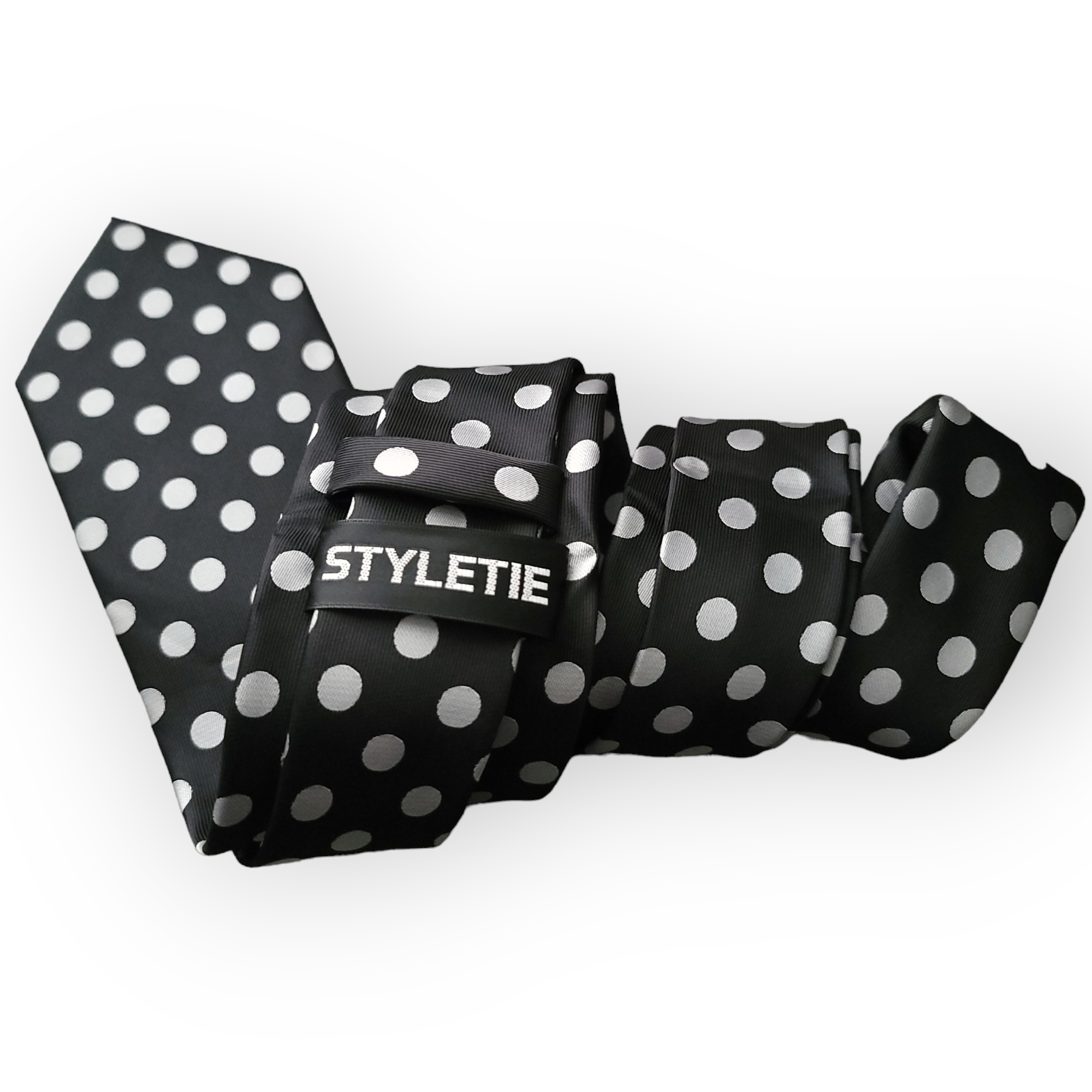 Classic Black Polka Dot Silk Tie Pocket Square Cufflinks Set