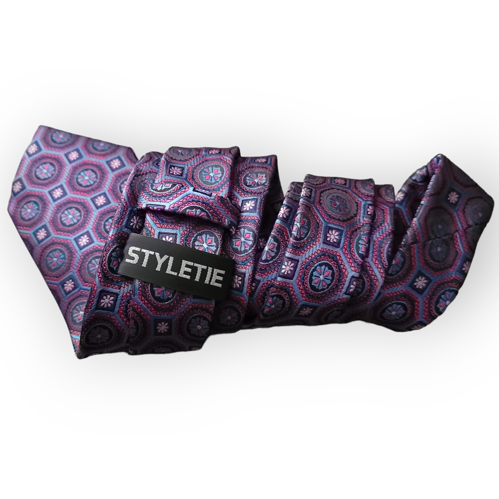 Purple Blue Geometric Silk Tie Pocket Square Cufflink Set