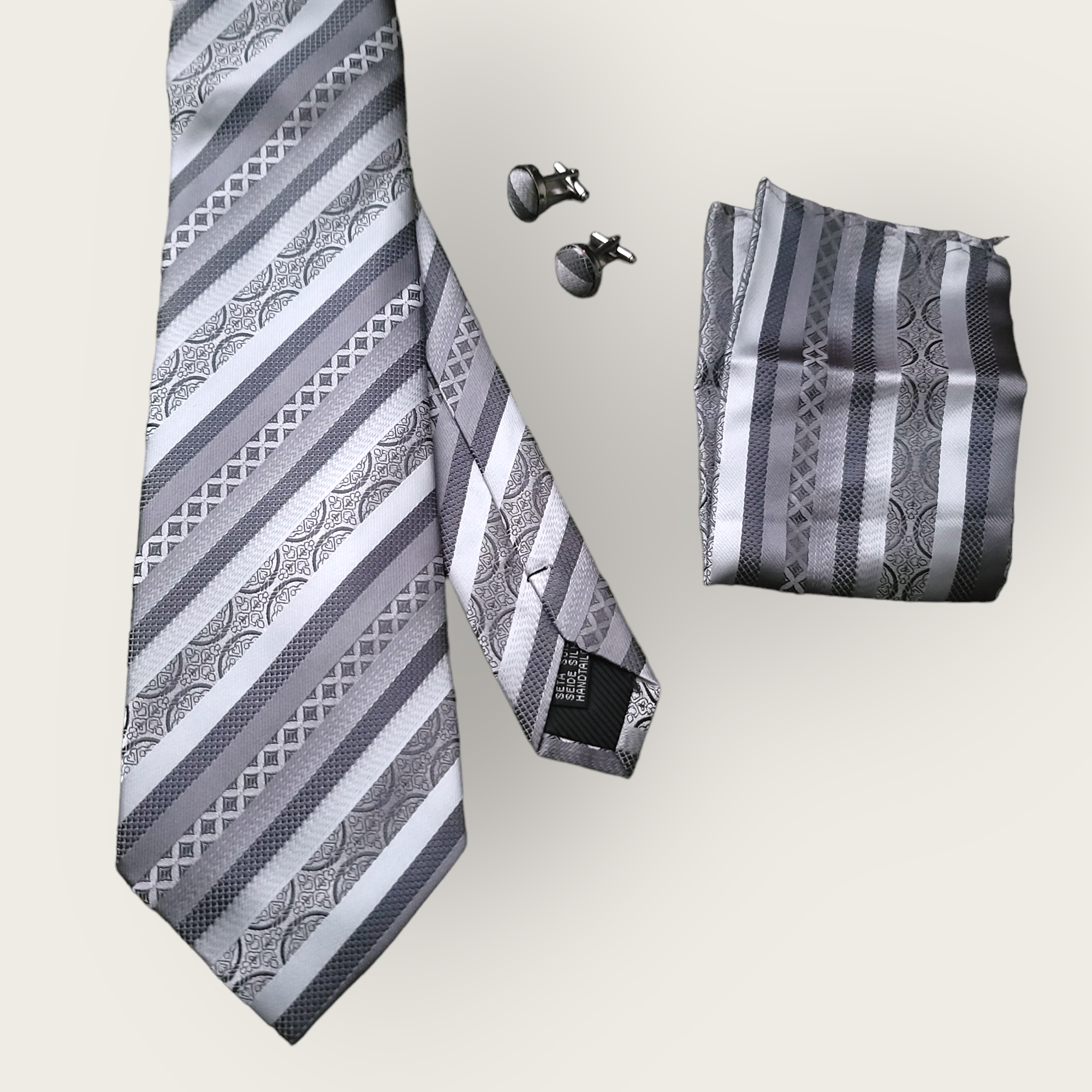 Gray Striped Silk Tie Pocket Square Cufflink Set