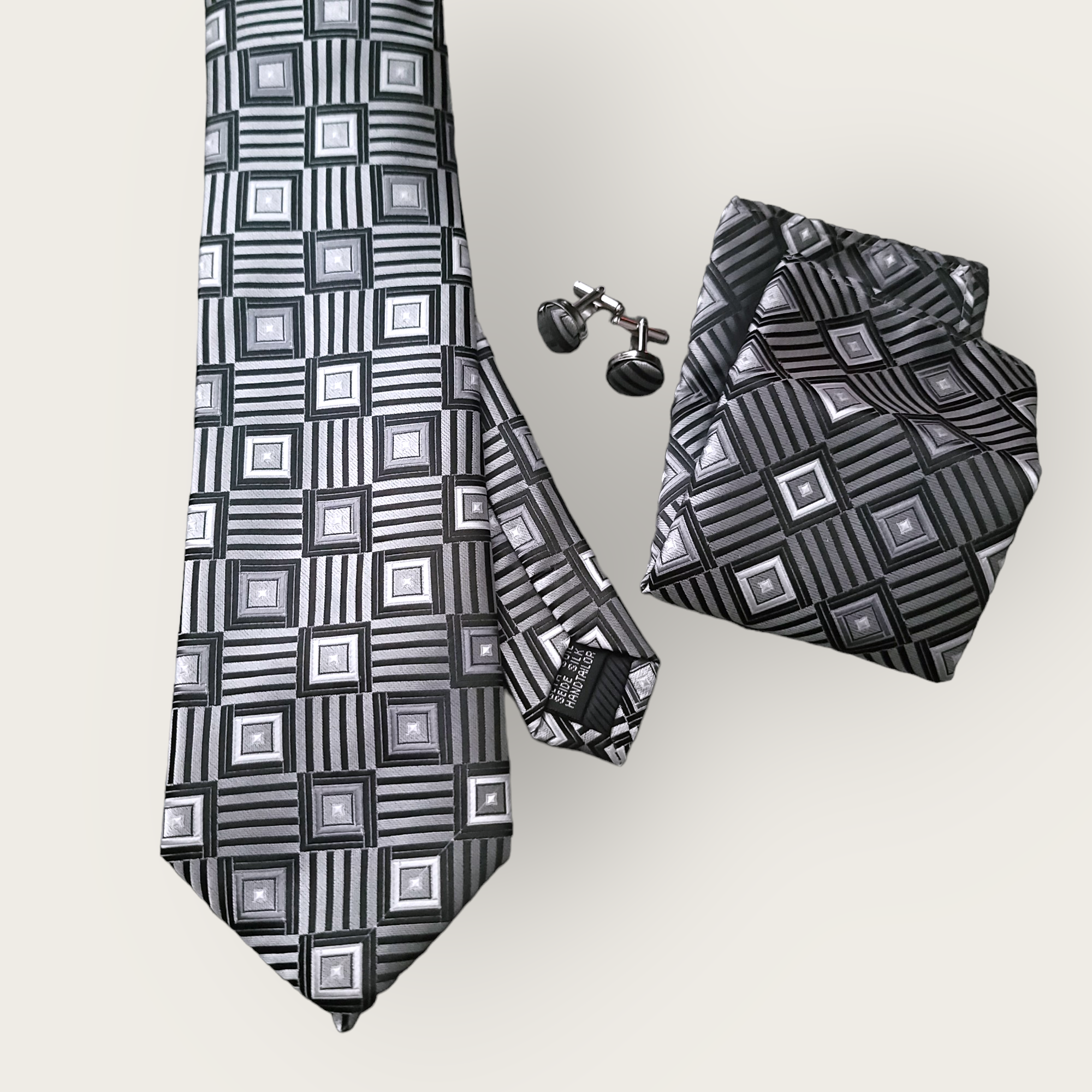 Black Gray Plaid Silk Tie Pocket Square Cufflink Set