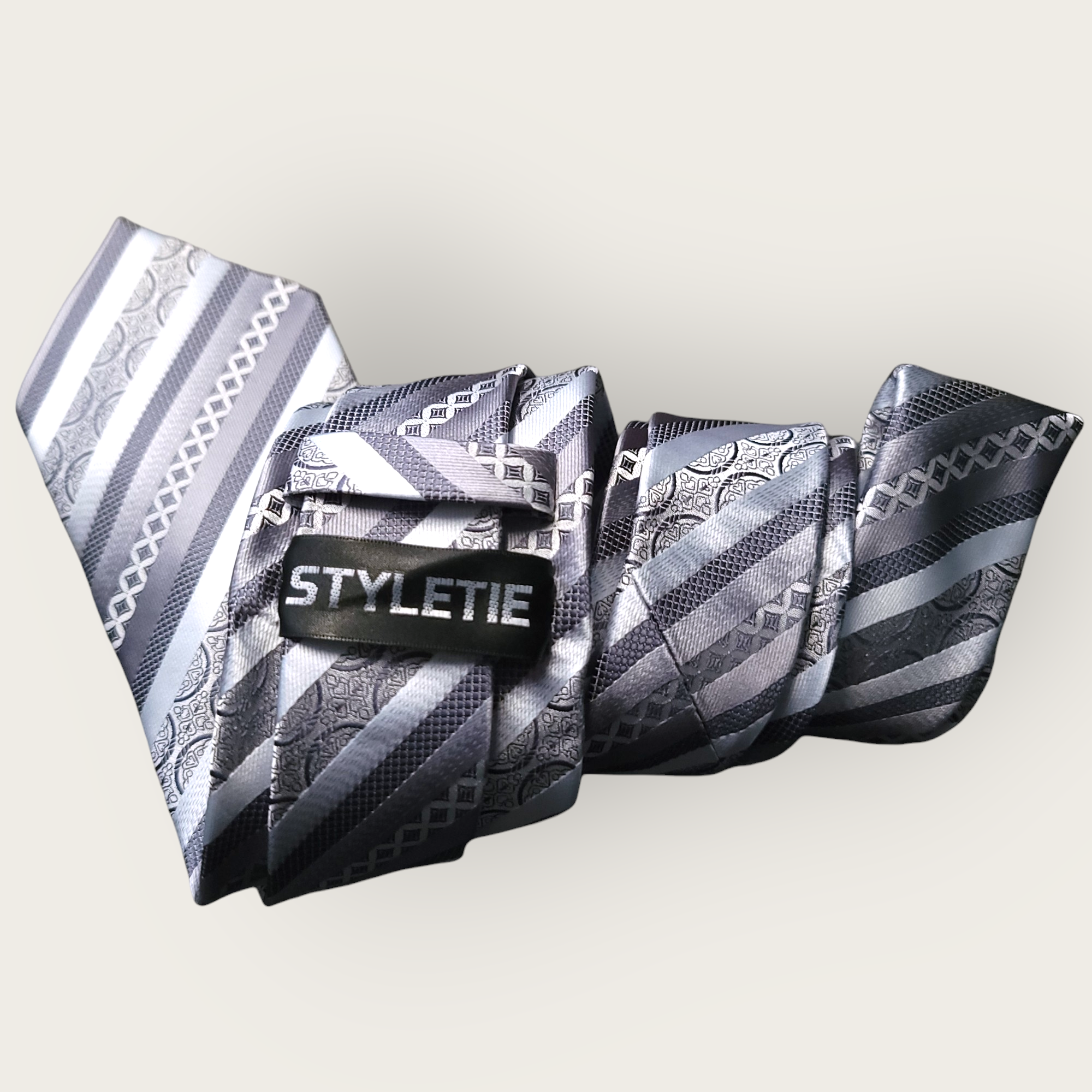 Gray Striped Silk Tie Pocket Square Cufflink Set