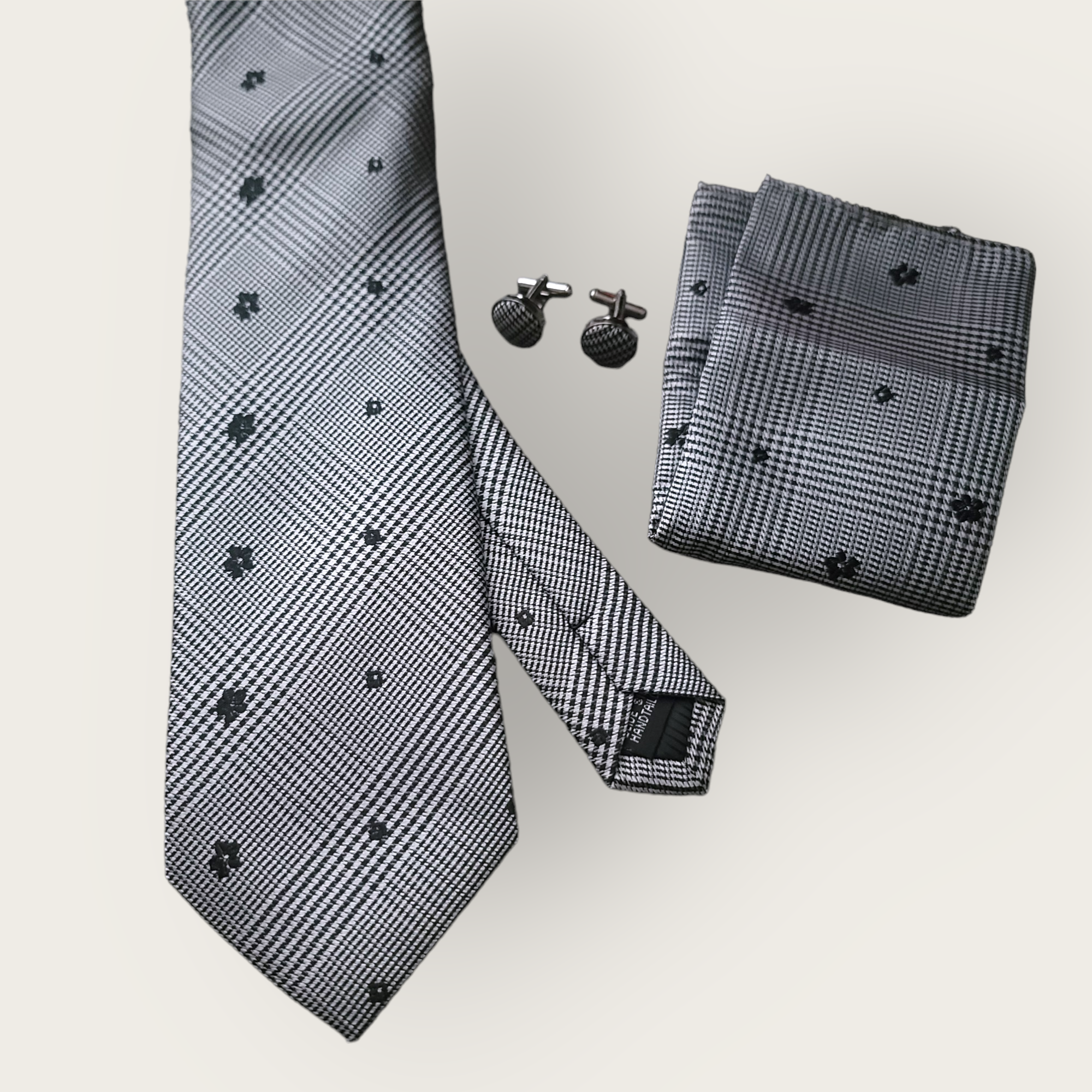 White Black Plaid Silk Tie Pocket Square Cufflink Set