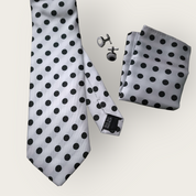 Classic White Black Polka Dot Silk Tie Pocket Square Cufflink Set