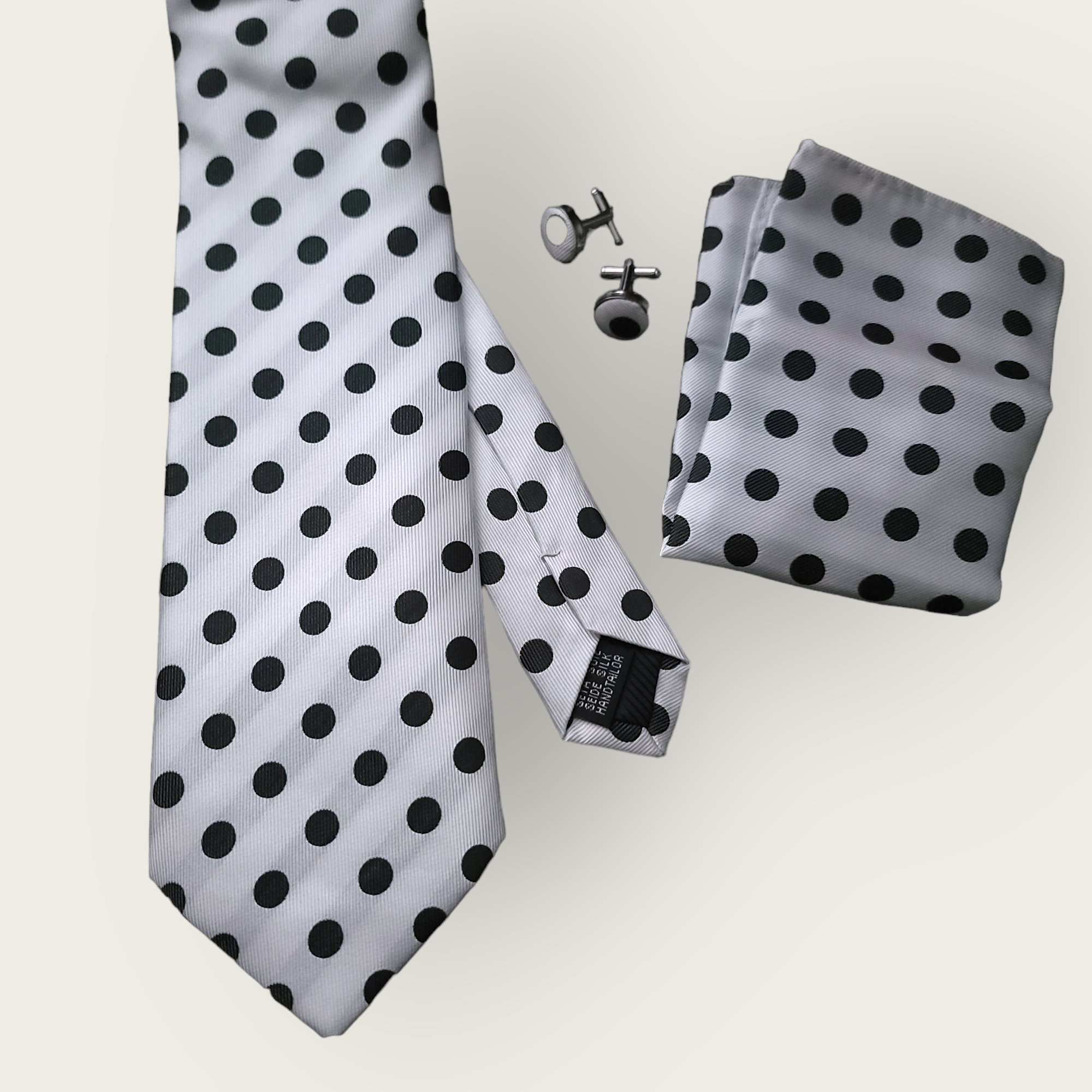 Classic White Black Polka Dot Silk Tie Pocket Square Cufflink Set
