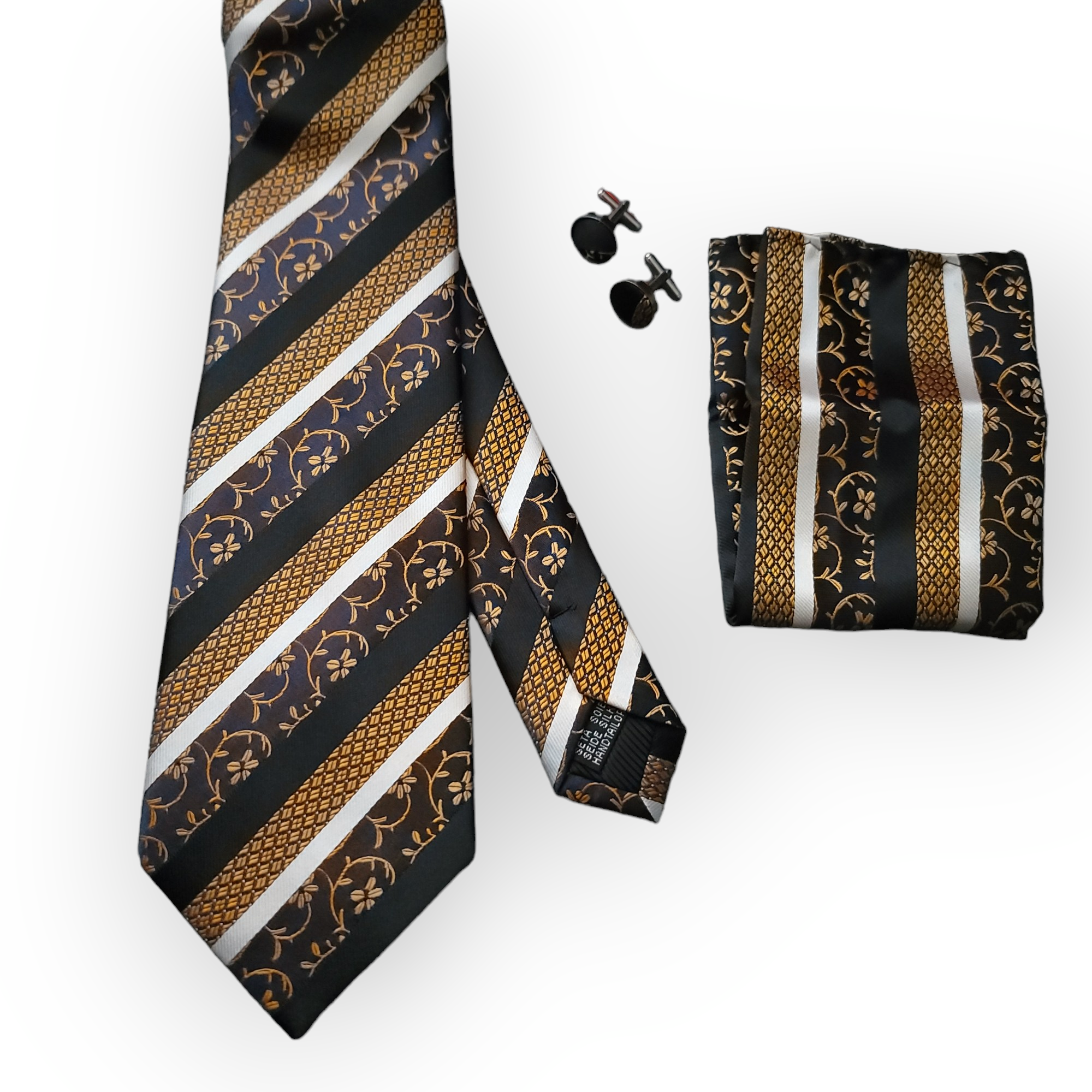 Black Gold Stripe Floral Silk Tie Pocket Square Cufflink Set