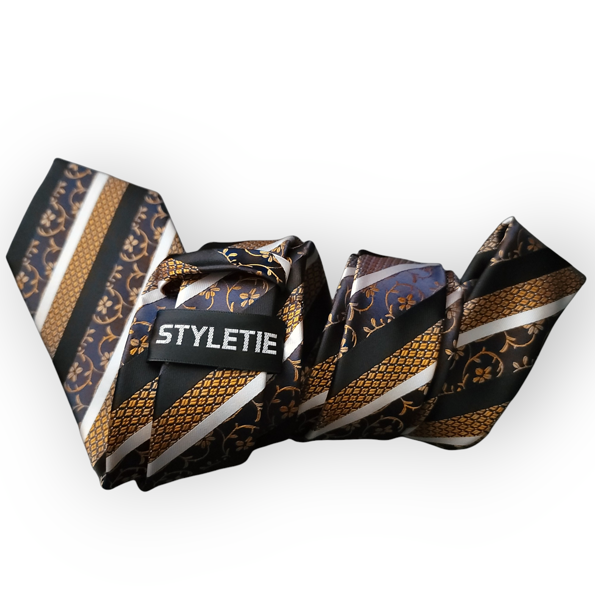 Black Gold Stripe Floral Silk Tie Pocket Square Cufflink Set