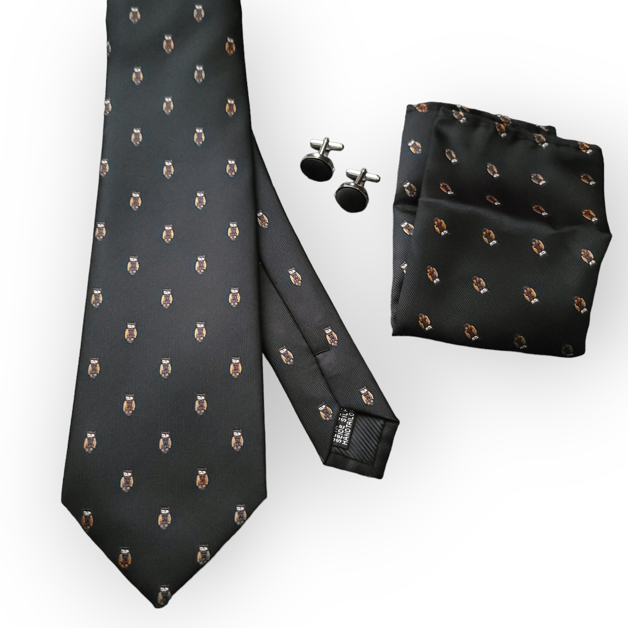 Black Brown Owl Print Silk Tie Pocket Square Cufflink Set