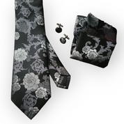 Black Gray Floral Silk Tie Pocket Square Cufflink Set