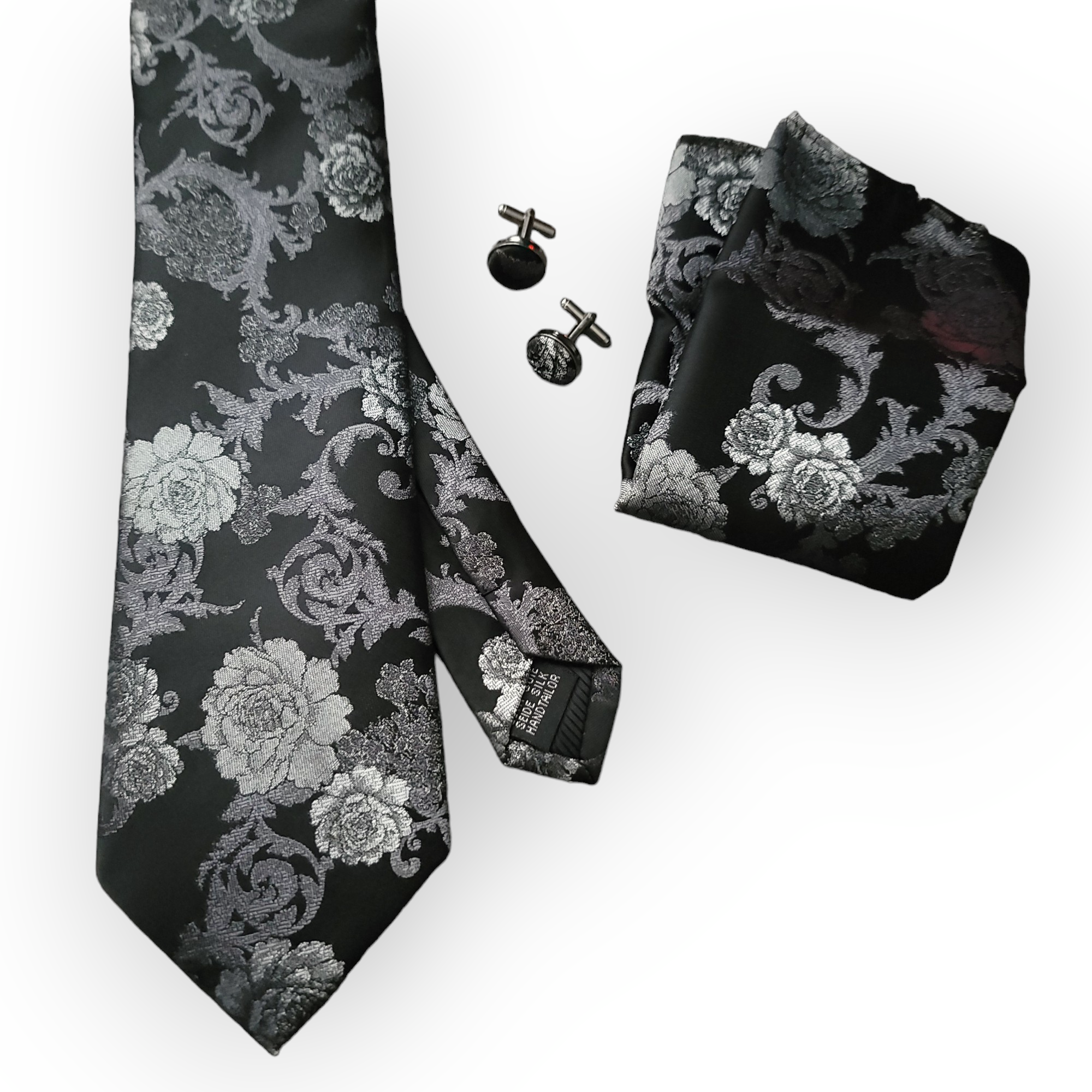 Black Gray Floral Silk Tie Pocket Square Cufflink Set