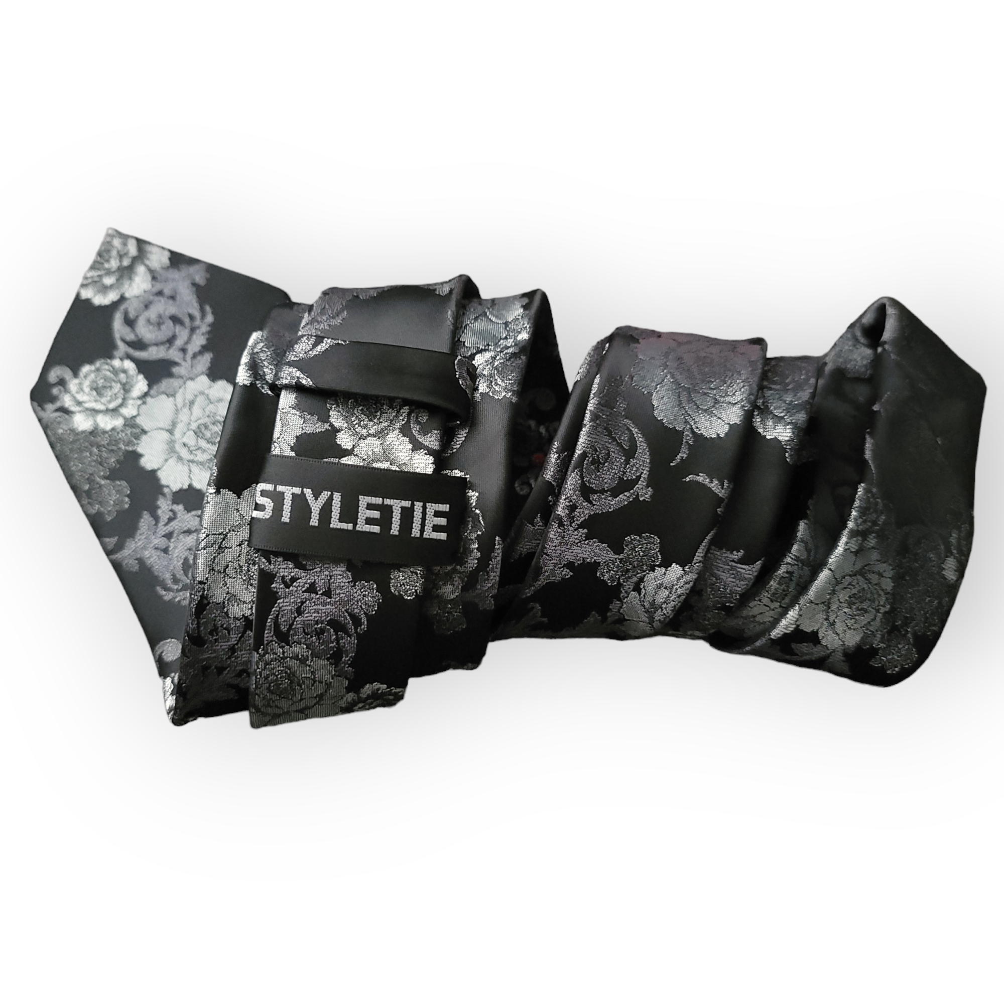 Black Gray Floral Silk Tie Pocket Square Cufflink Set