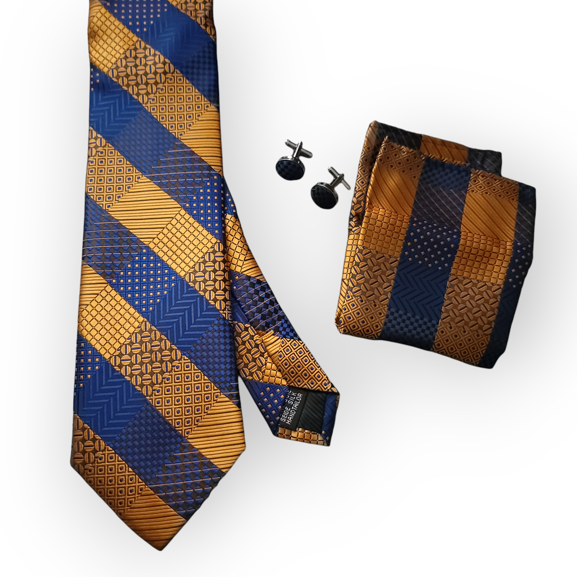 Gold Blue Striped Silk Tie Pocket Square Cufflink Set