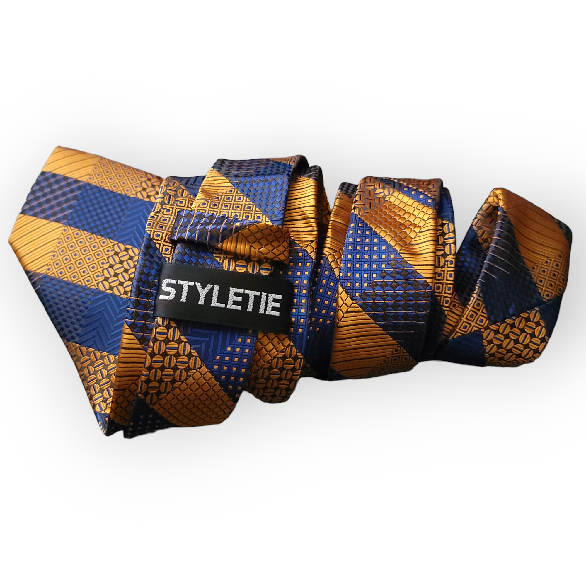 Gold Blue Striped Silk Tie Pocket Square Cufflink Set