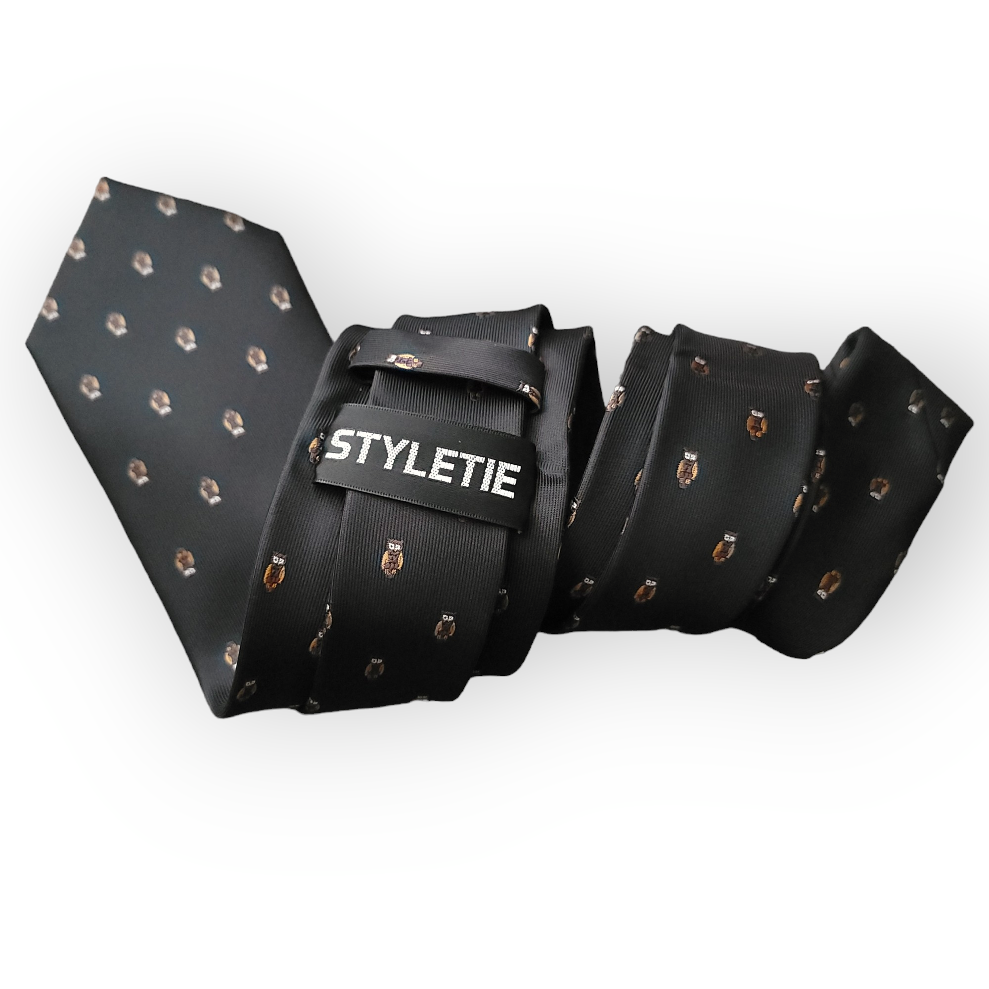 Black Brown Owl Print Silk Tie Pocket Square Cufflink Set