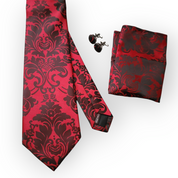 Red Black Floral Silk Tie Pocket Square Set