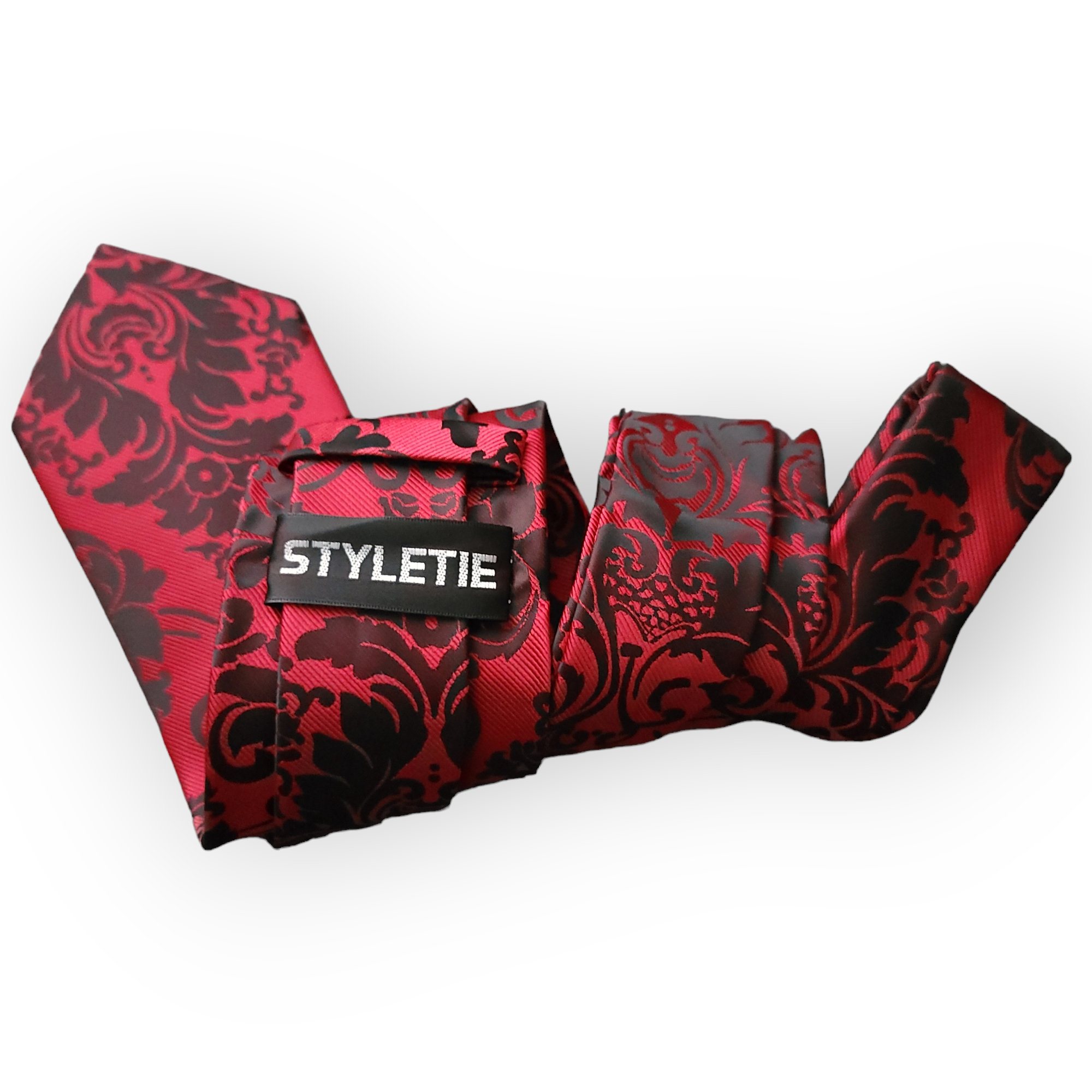 Red Black Floral Silk Tie Pocket Square Cufflink Set
