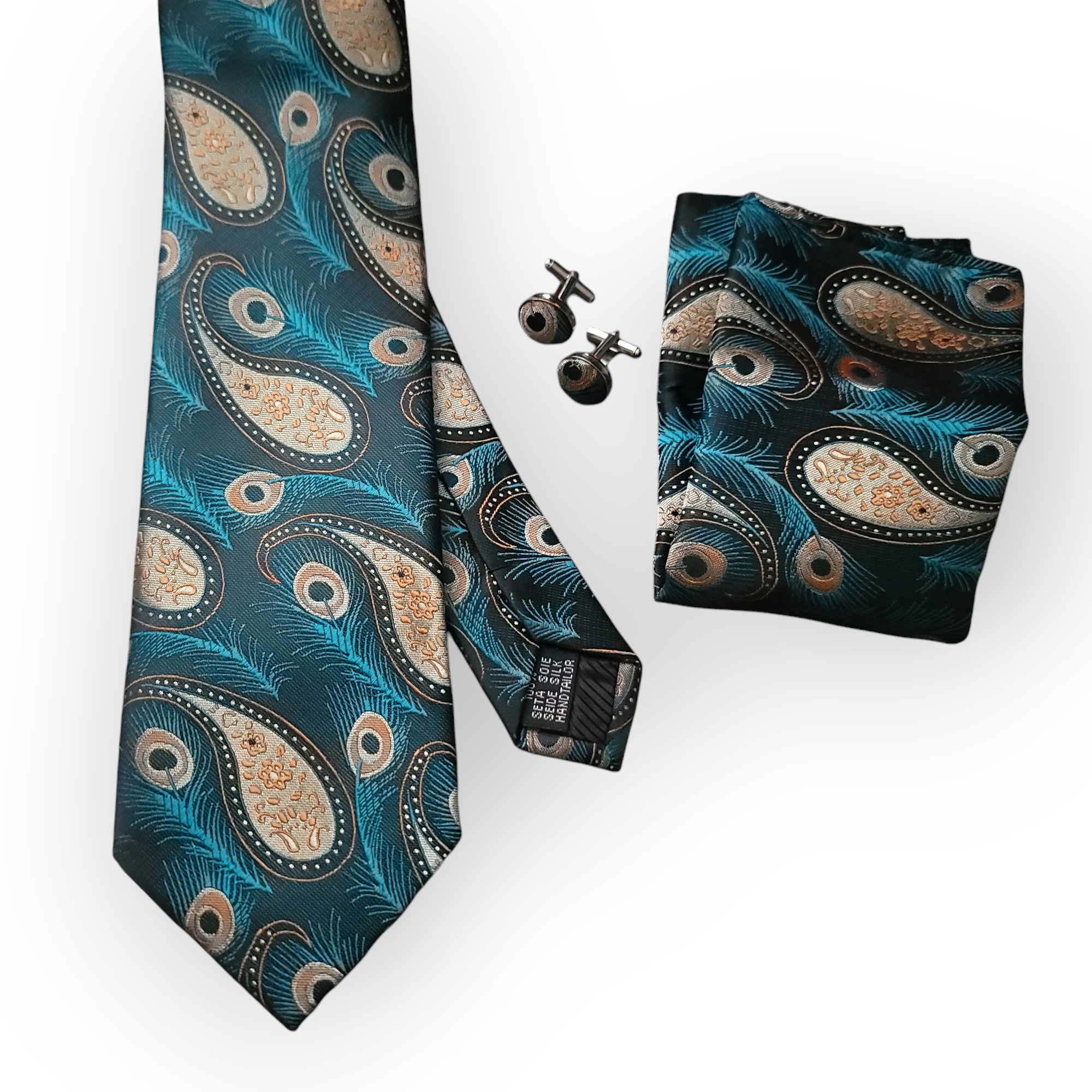 Black Gold Paisley Peacock Feather Silk Tie Pocket Square Cufflink Set