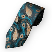 Black Gold Paisley Peacock Feather Silk Tie Pocket Square Cufflink Set