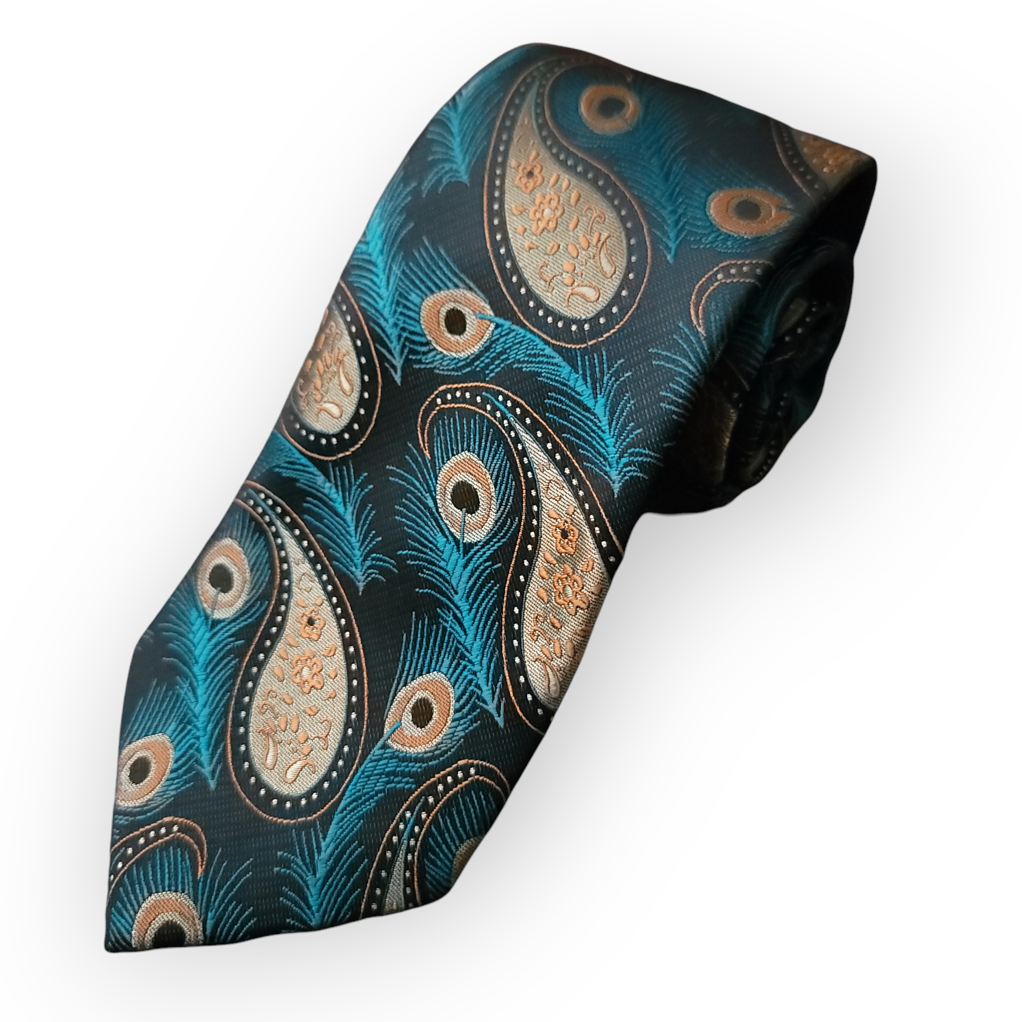 Black Gold Paisley Peacock Feather Silk Tie Pocket Square Cufflink Set