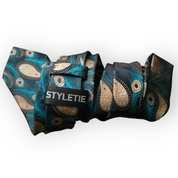 Black Gold Paisley Peacock Feather Silk Tie Pocket Square Cufflink Set