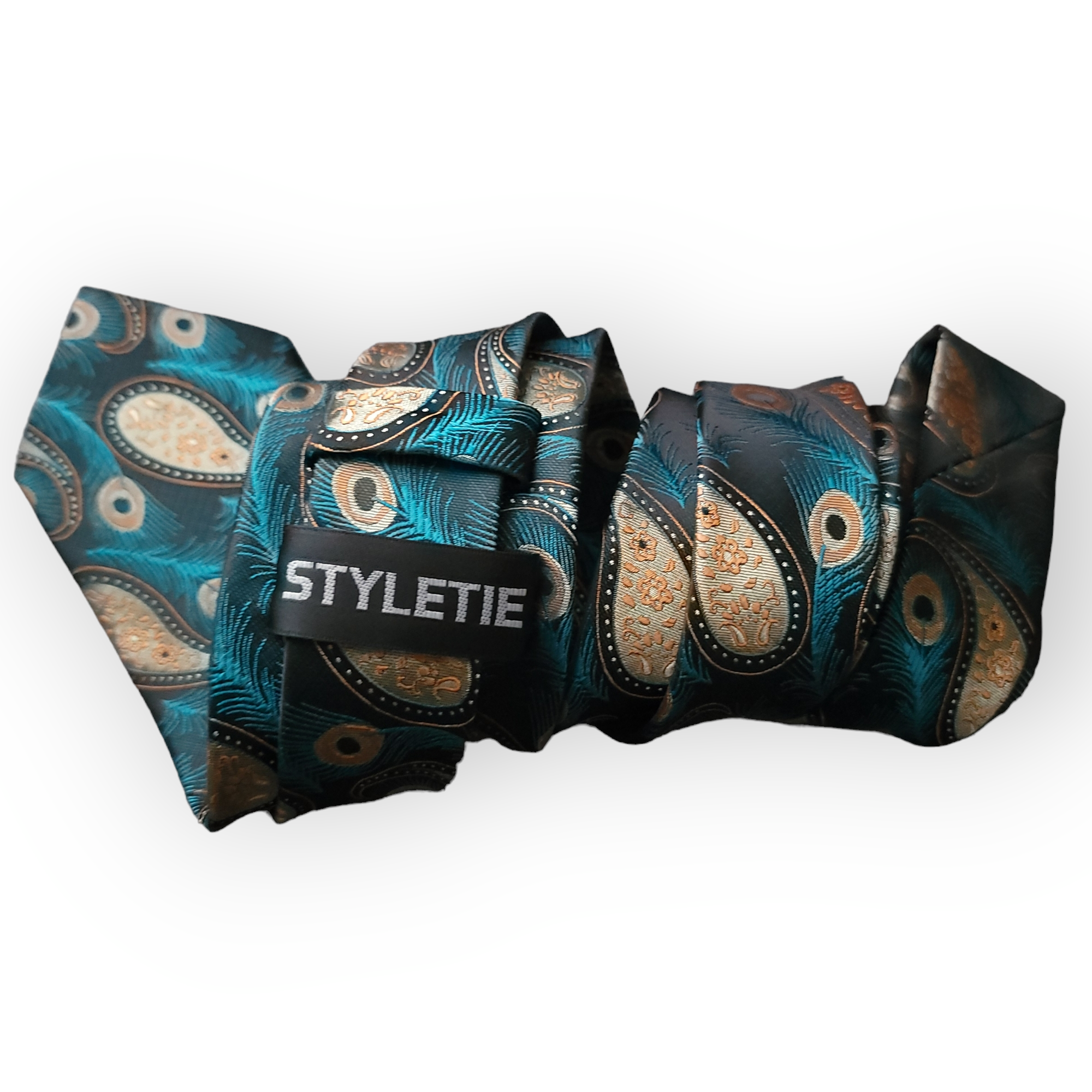 Black Gold Paisley Peacock Feather Silk Tie Pocket Square Cufflink Set