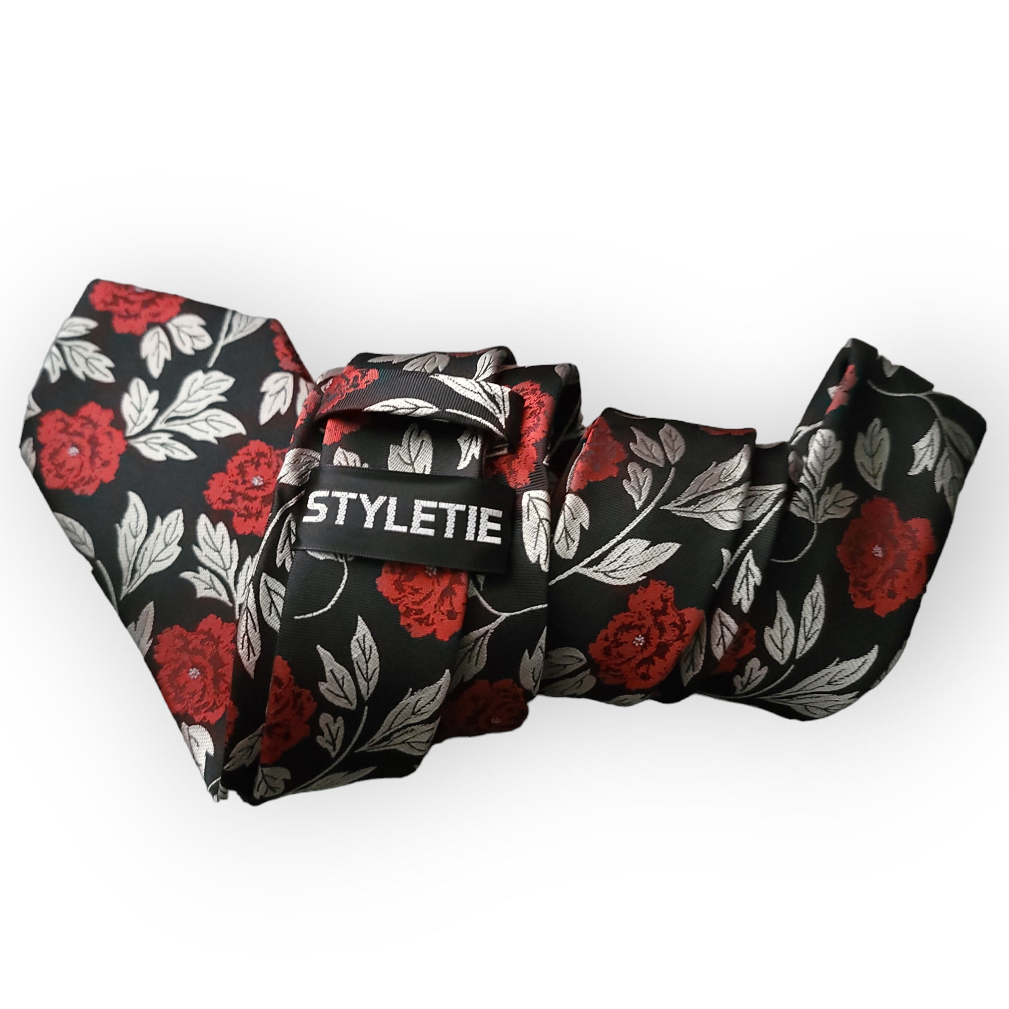 Silk Black Red Floral Tie Set of Pocket Square & Cufflinks