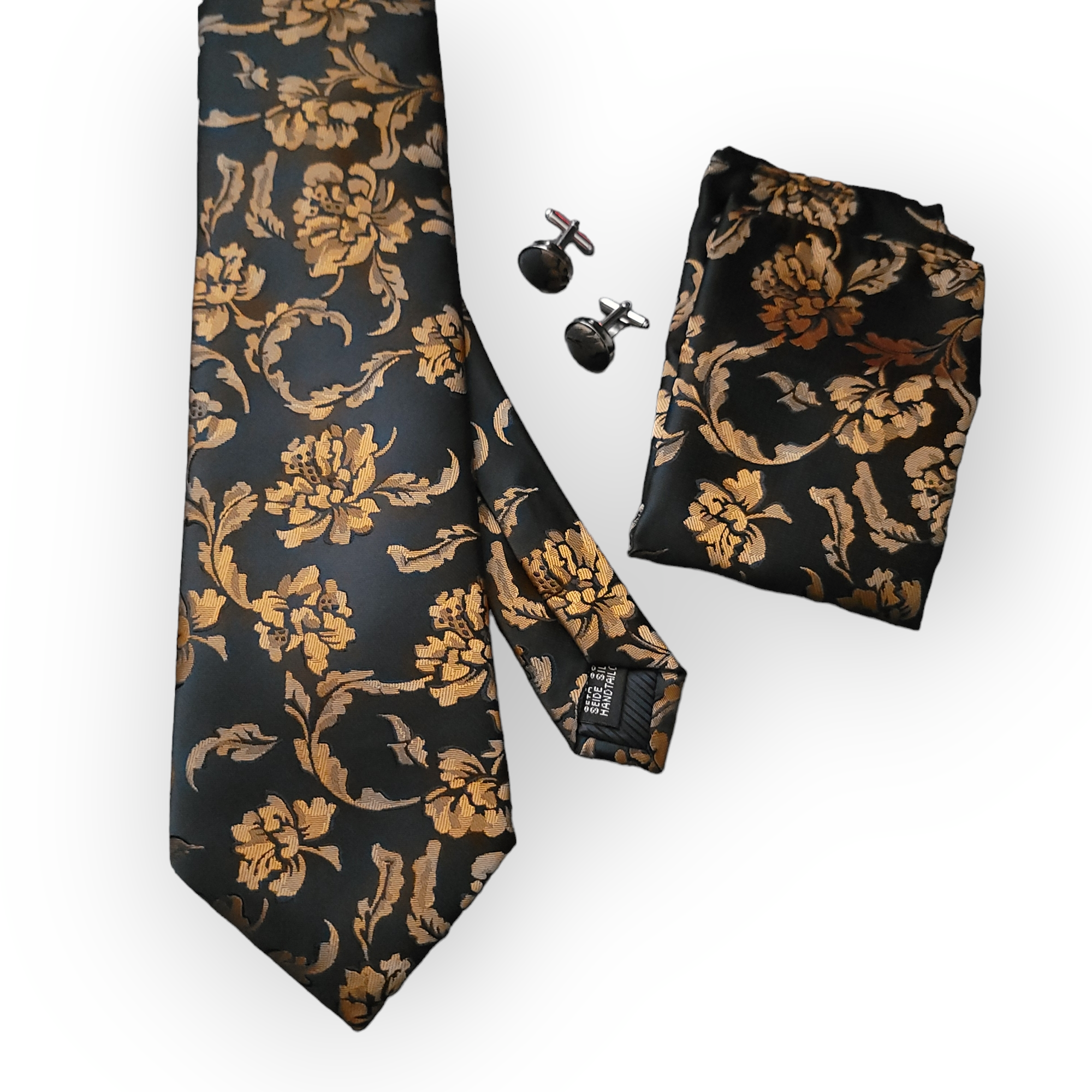 Floral Gold Black Silk Tie Pocket Square Cufflinks Set