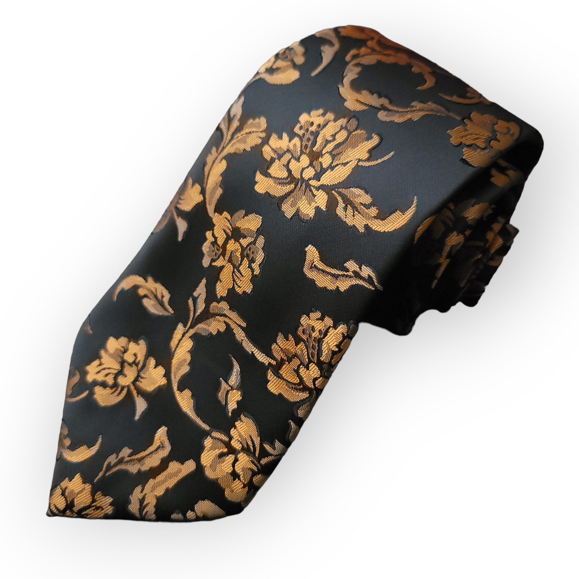 Floral Gold Black Silk Tie Pocket Square Cufflinks Set