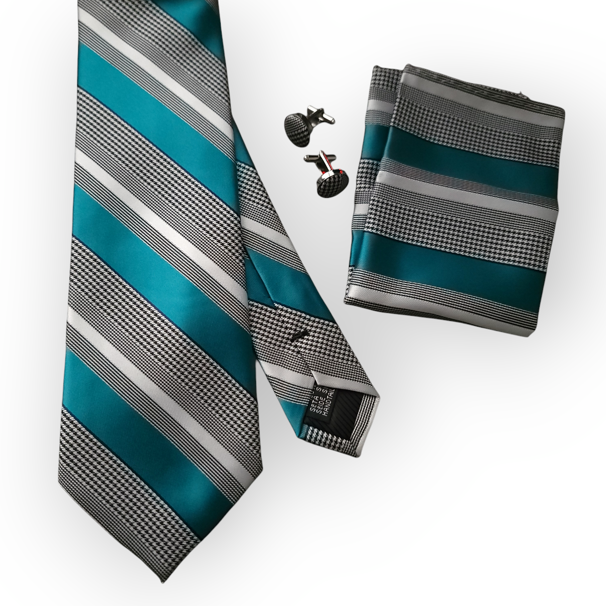 Teal Blue White Striped Tie Pocket Square Cufflinks Set