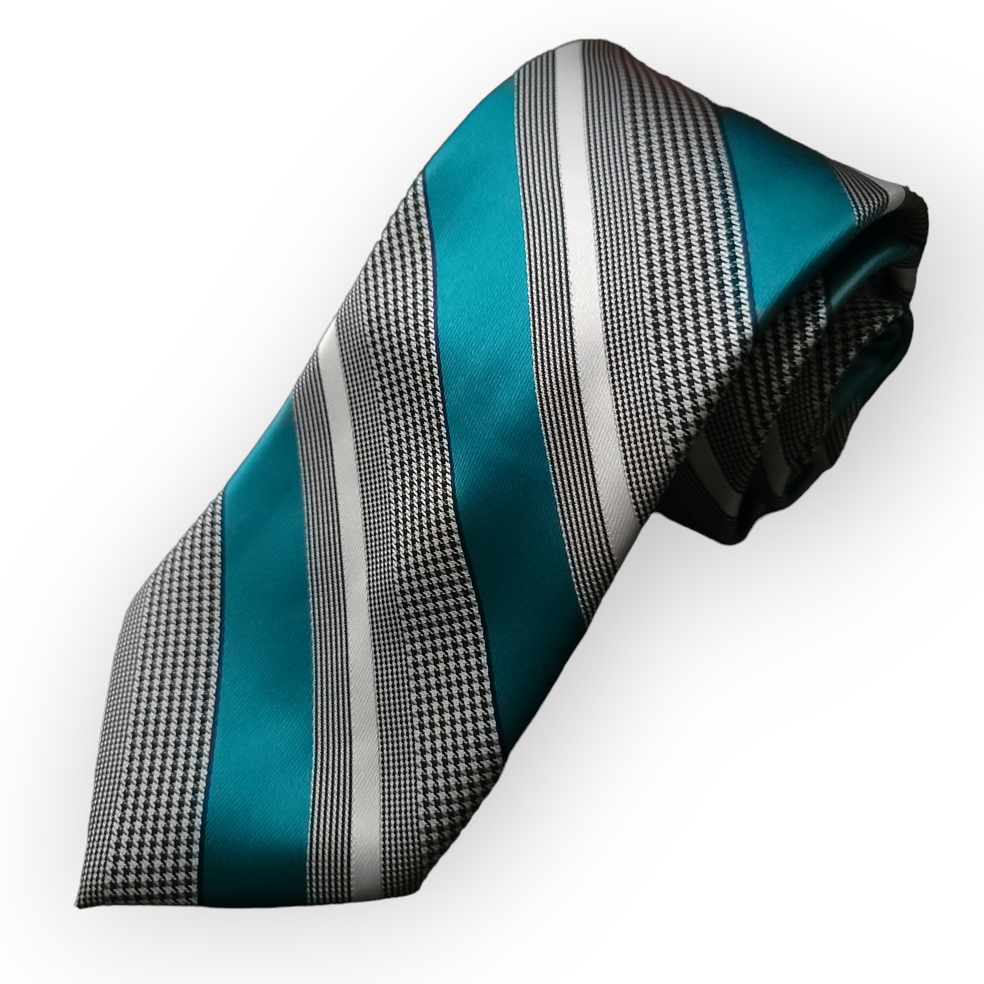 Teal Blue White Striped Tie Pocket Square Cufflinks Set