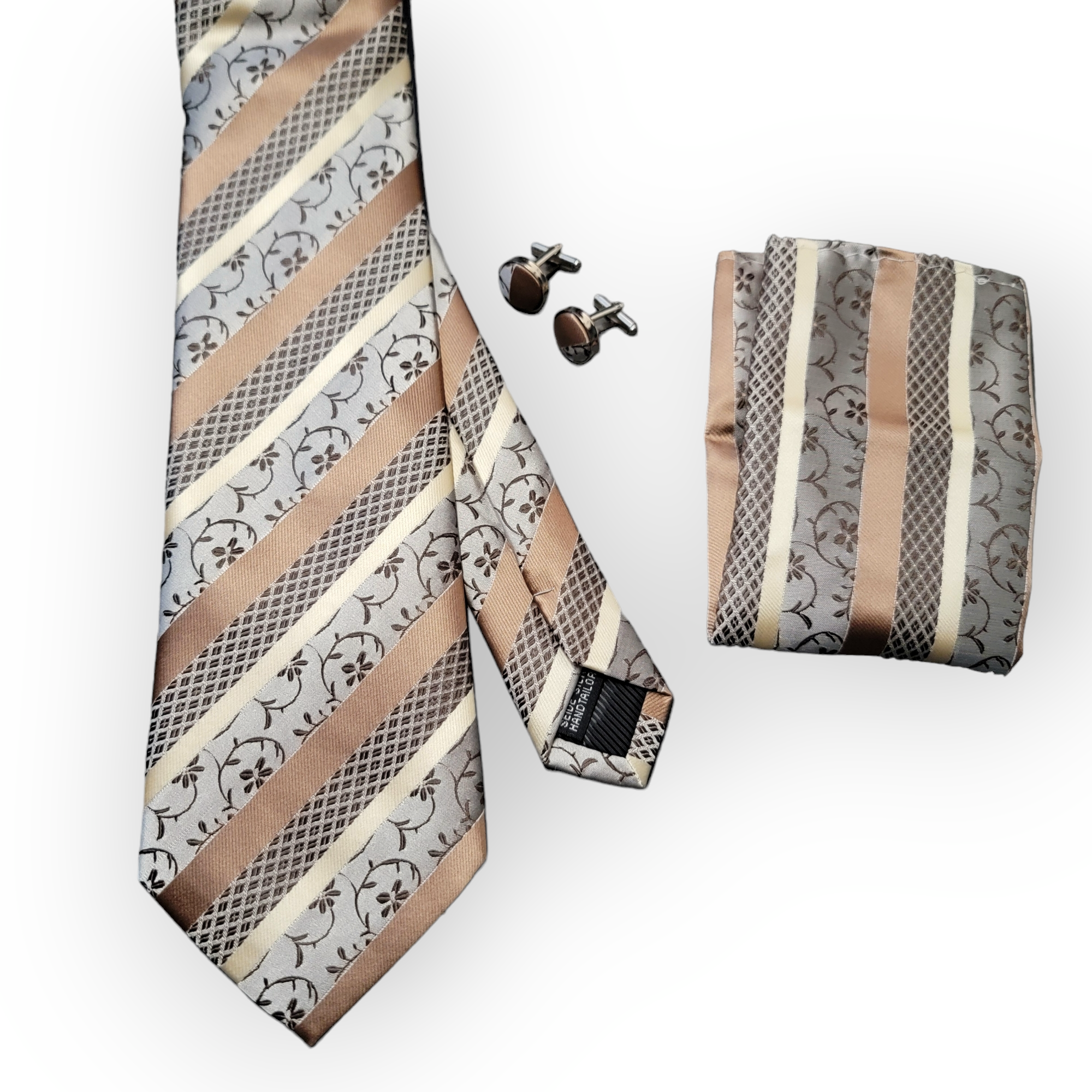 Extra Long Khaki Floral Stripe Tie Pocket Square Cufflink Set
