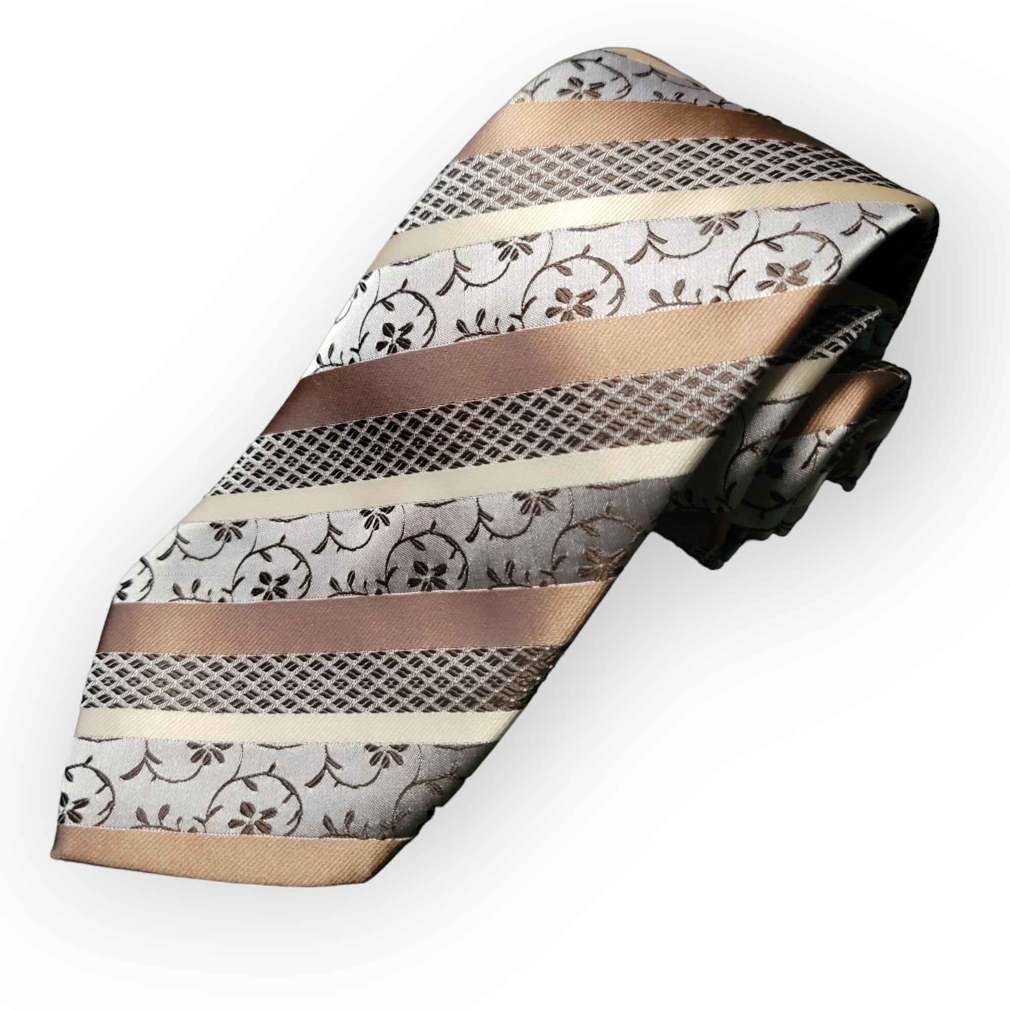 Extra Long Khaki Floral Stripe Tie Pocket Square Cufflink Set