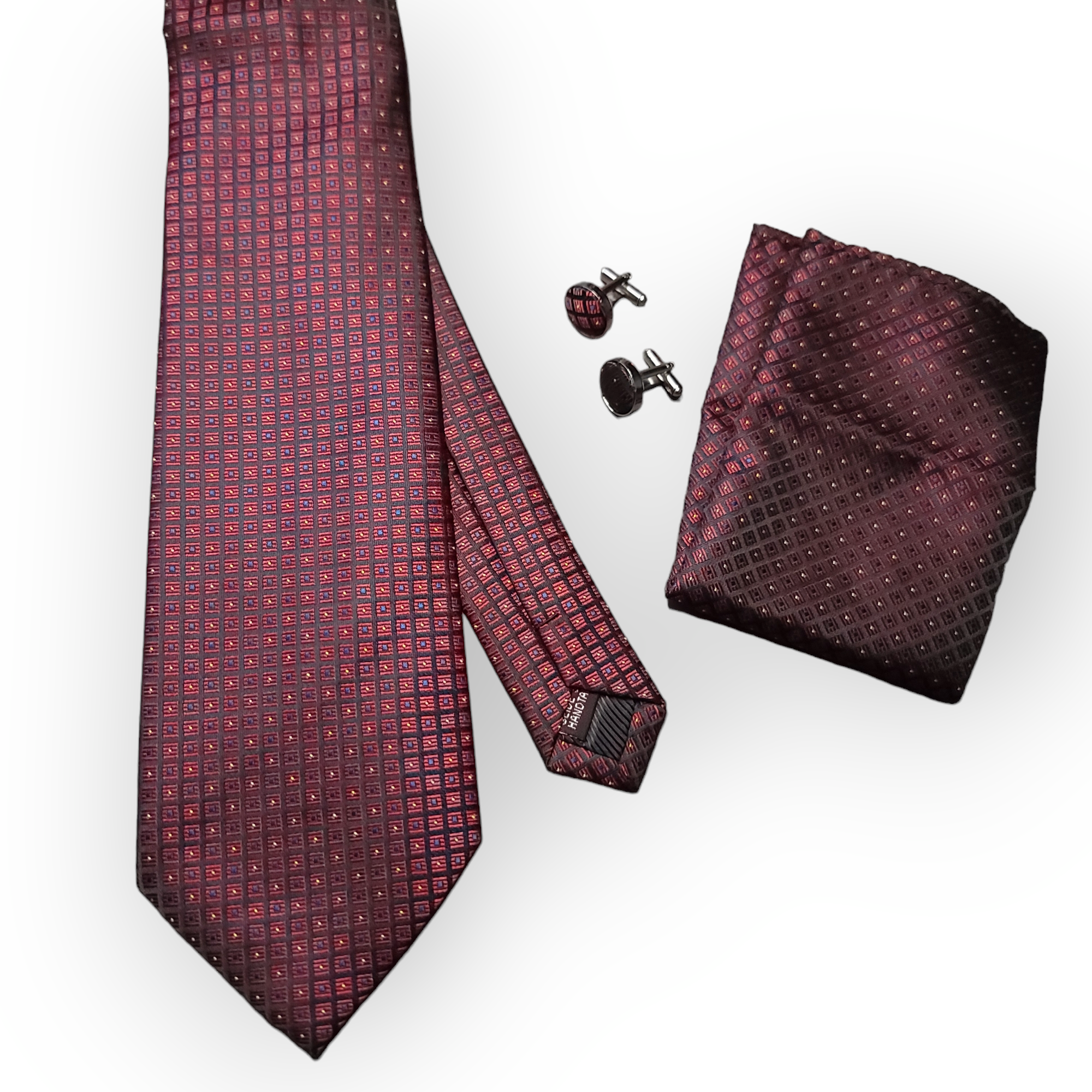 Black Wine Dot Plaid Silk Tie Pocket Square Cufflink Set