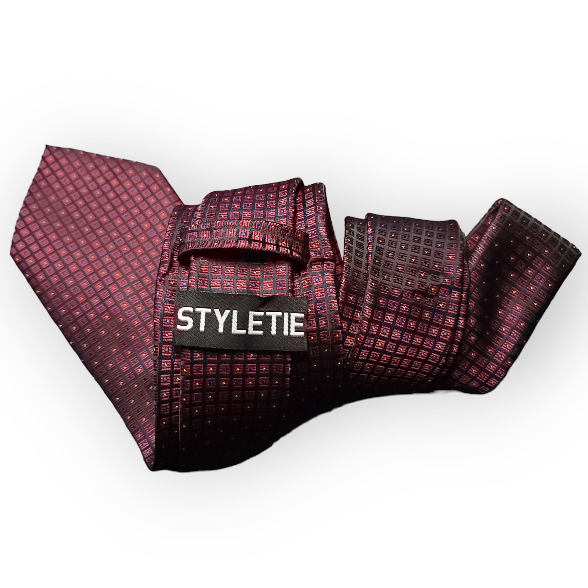 Black Wine Dot Plaid Silk Tie Pocket Square Cufflink Set