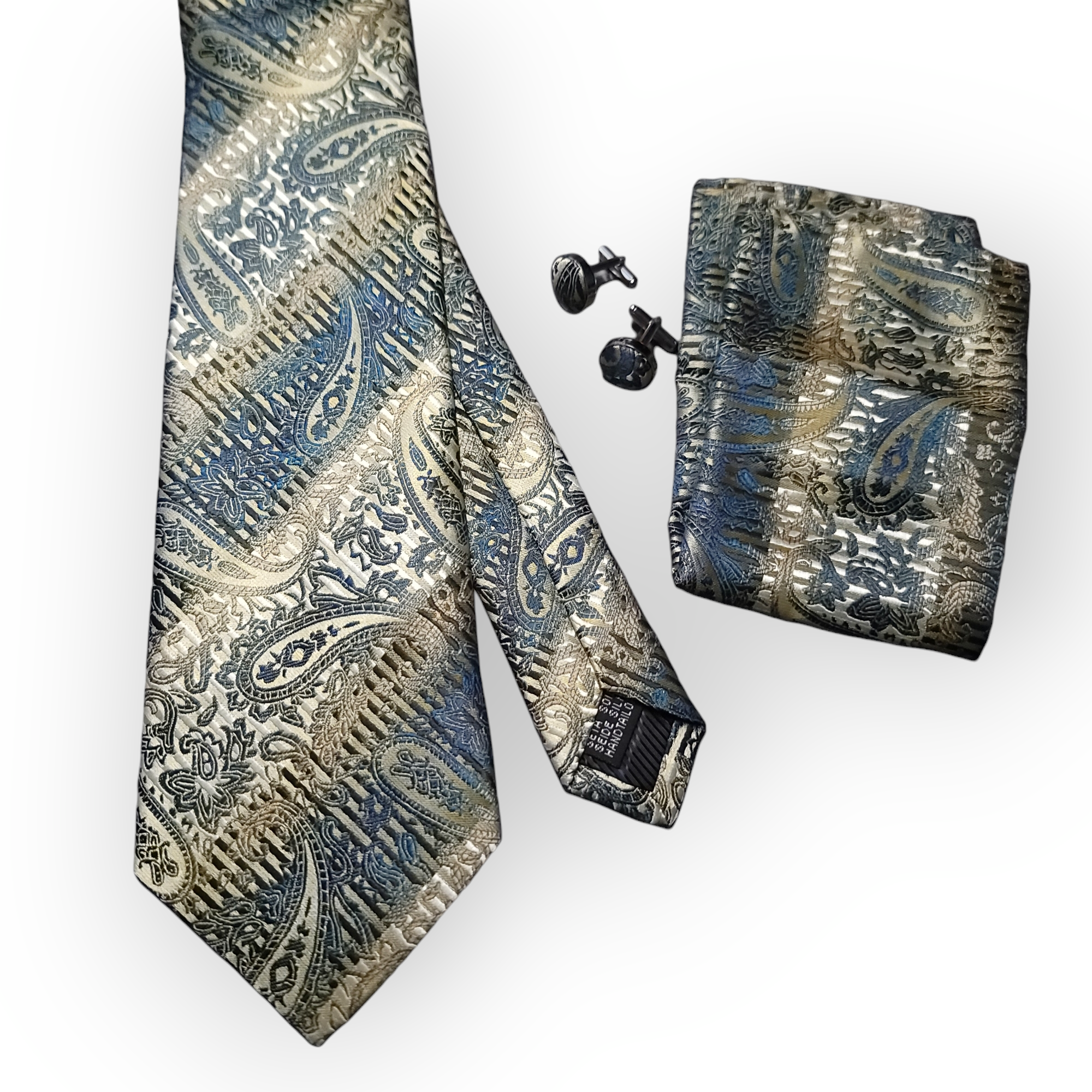 Gold Blue Paisley Silk Tie Pocket Square Cufflink Set