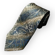 Gold Blue Paisley Silk Tie Pocket Square Cufflink Set
