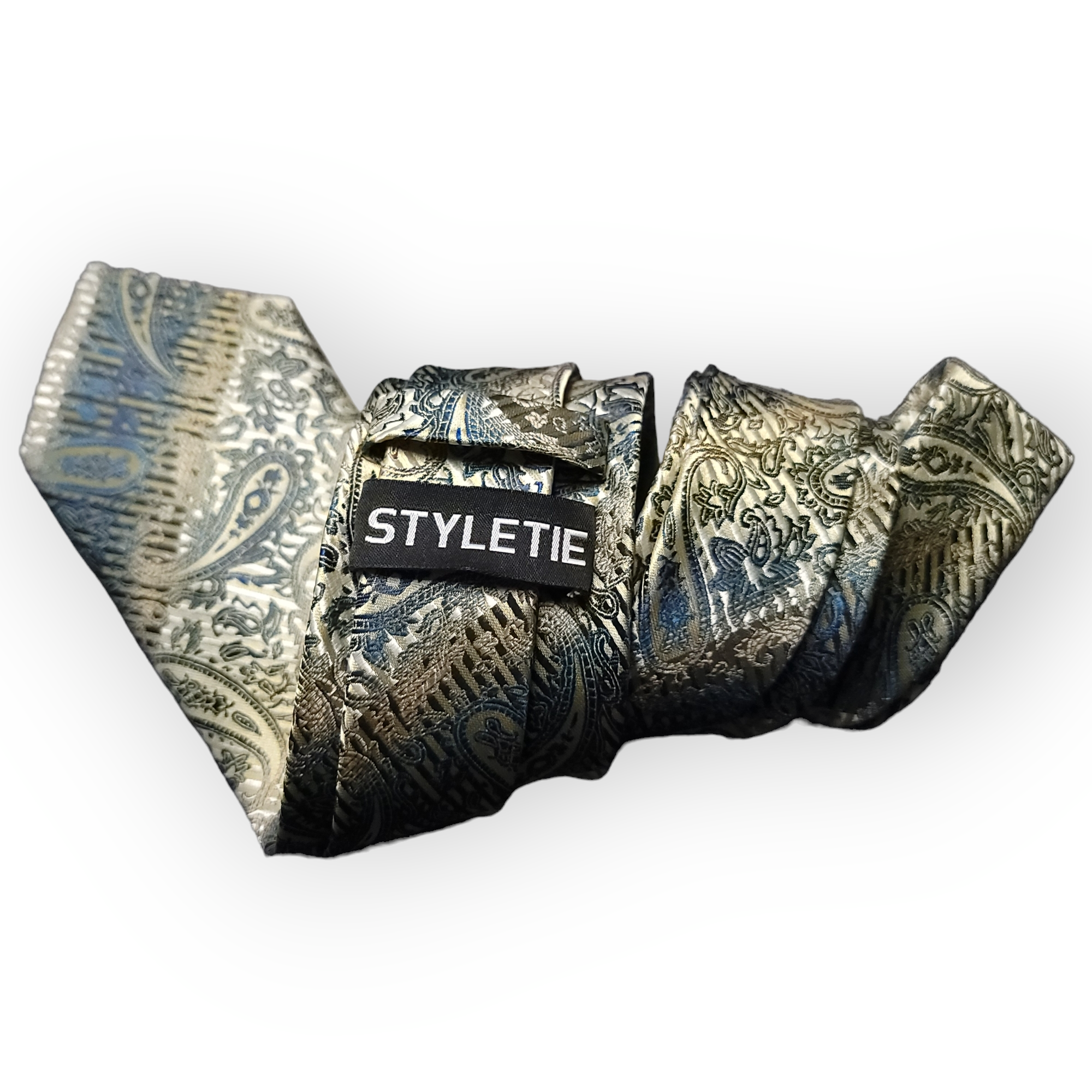 Gold Blue Paisley Silk Tie Pocket Square Cufflink Set