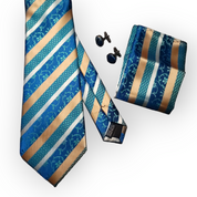 Blue Gold Stripe Floral Silk Tie Pocket Square Cufflink Set