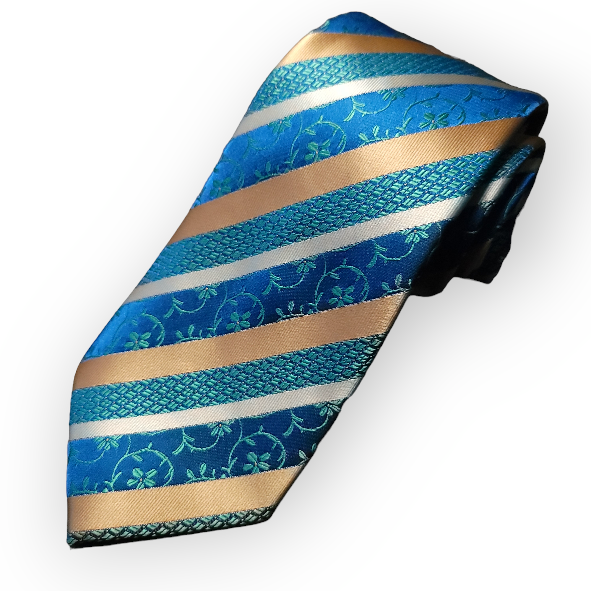 Blue Gold Stripe Floral Silk Tie Pocket Square Cufflink Set