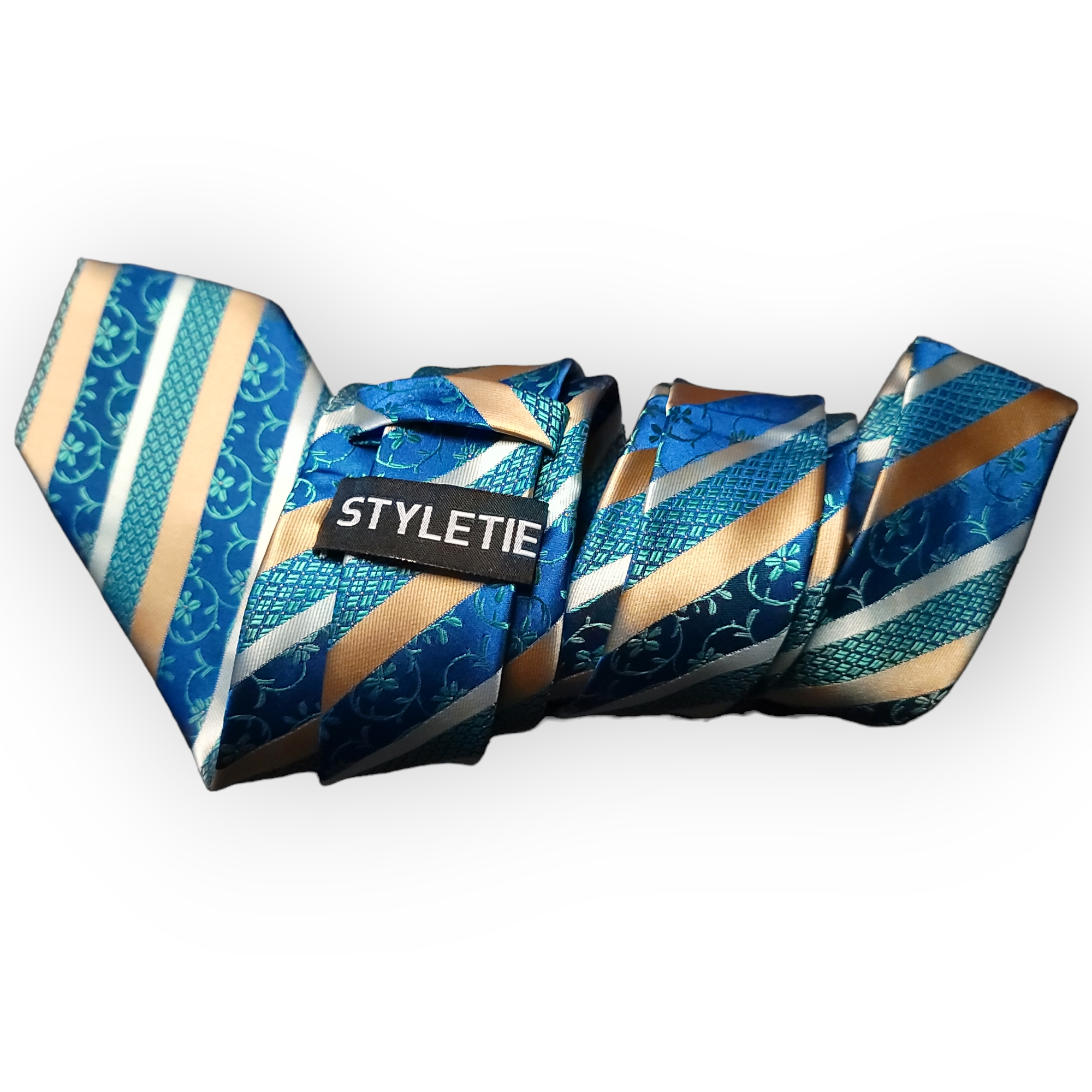 Blue Gold Stripe Floral Silk Tie Pocket Square Cufflink Set