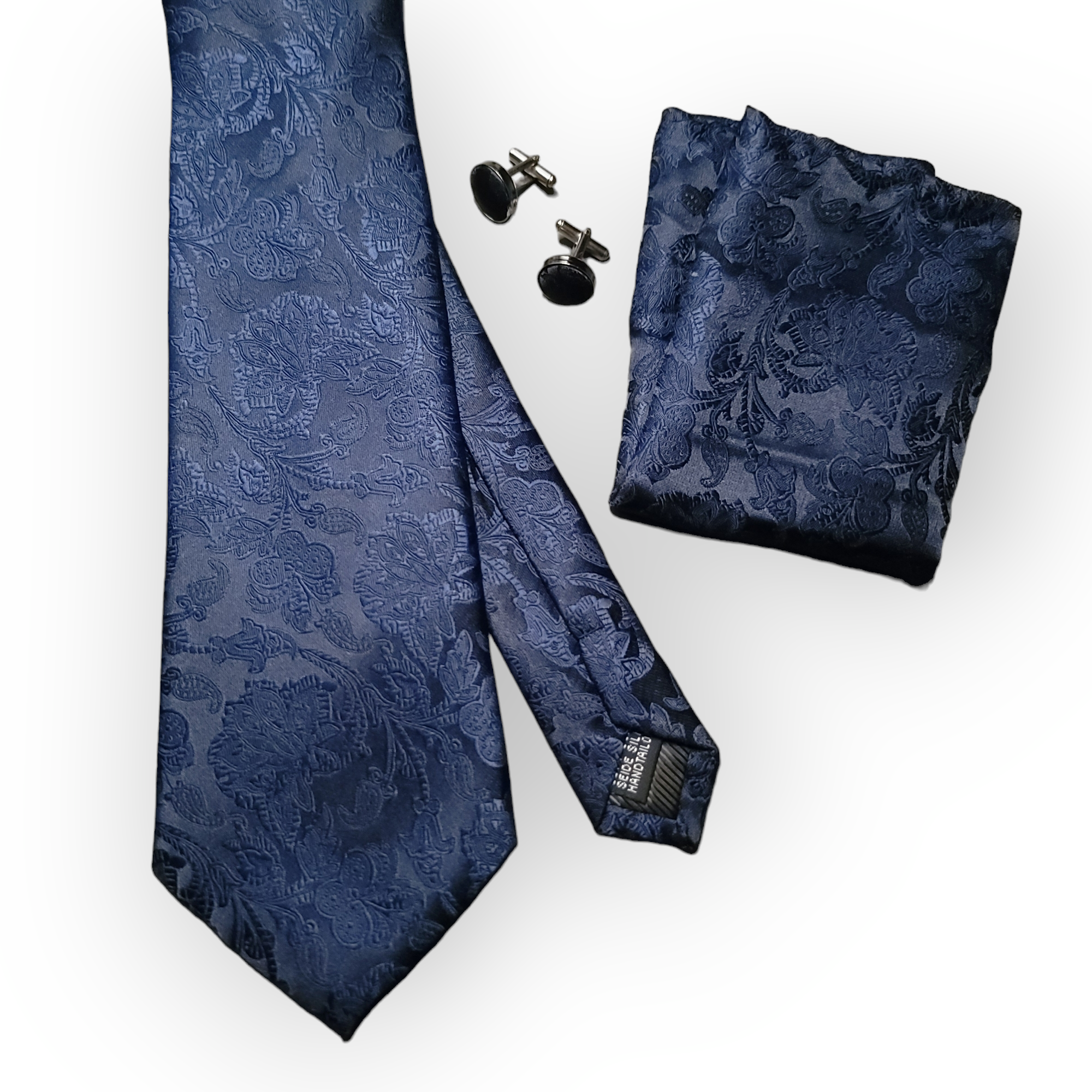 Navy Blue Floral Pattern Silk Tie Pocket Square Cufflink Set