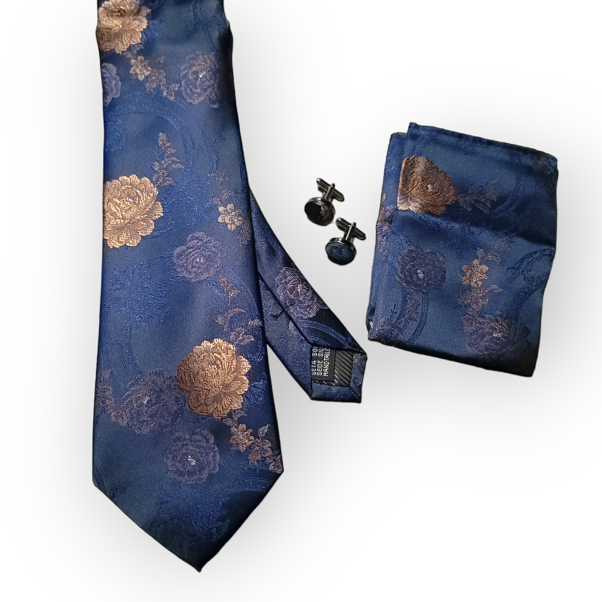 Navy Blue Gold Floral Silk Tie Pocket Square Cufflink Set