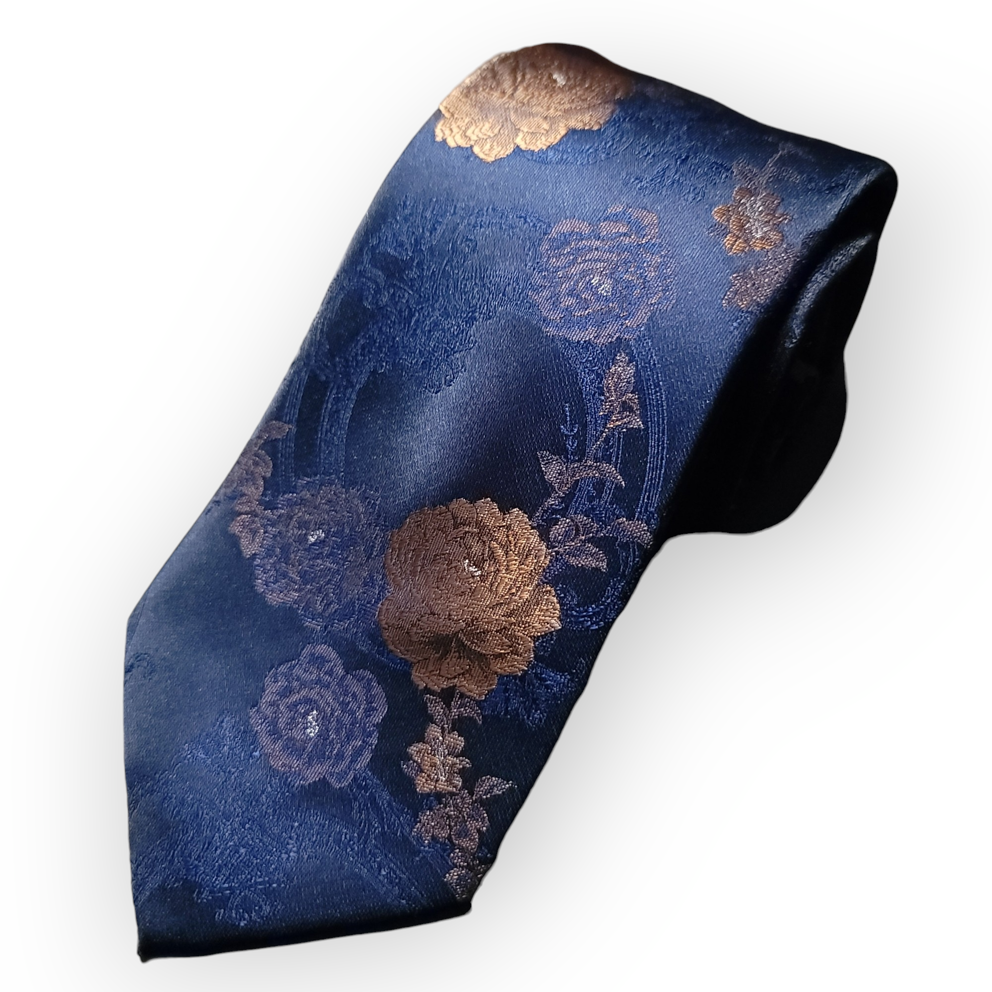 Navy Blue Gold Floral Silk Tie Pocket Square Cufflink Set