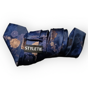 Navy Blue Gold Floral Silk Tie Pocket Square Cufflink Set