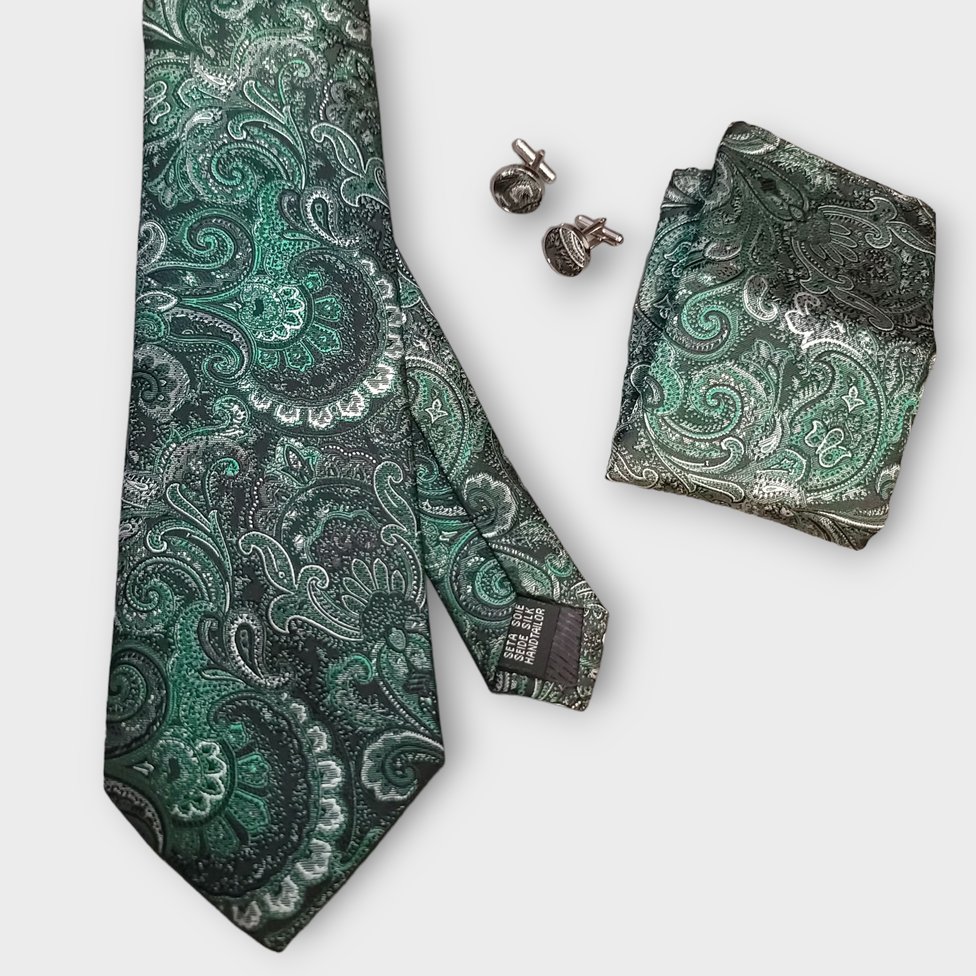 Green Silver Paisley Silk Tie Pocket Square Cufflink Set