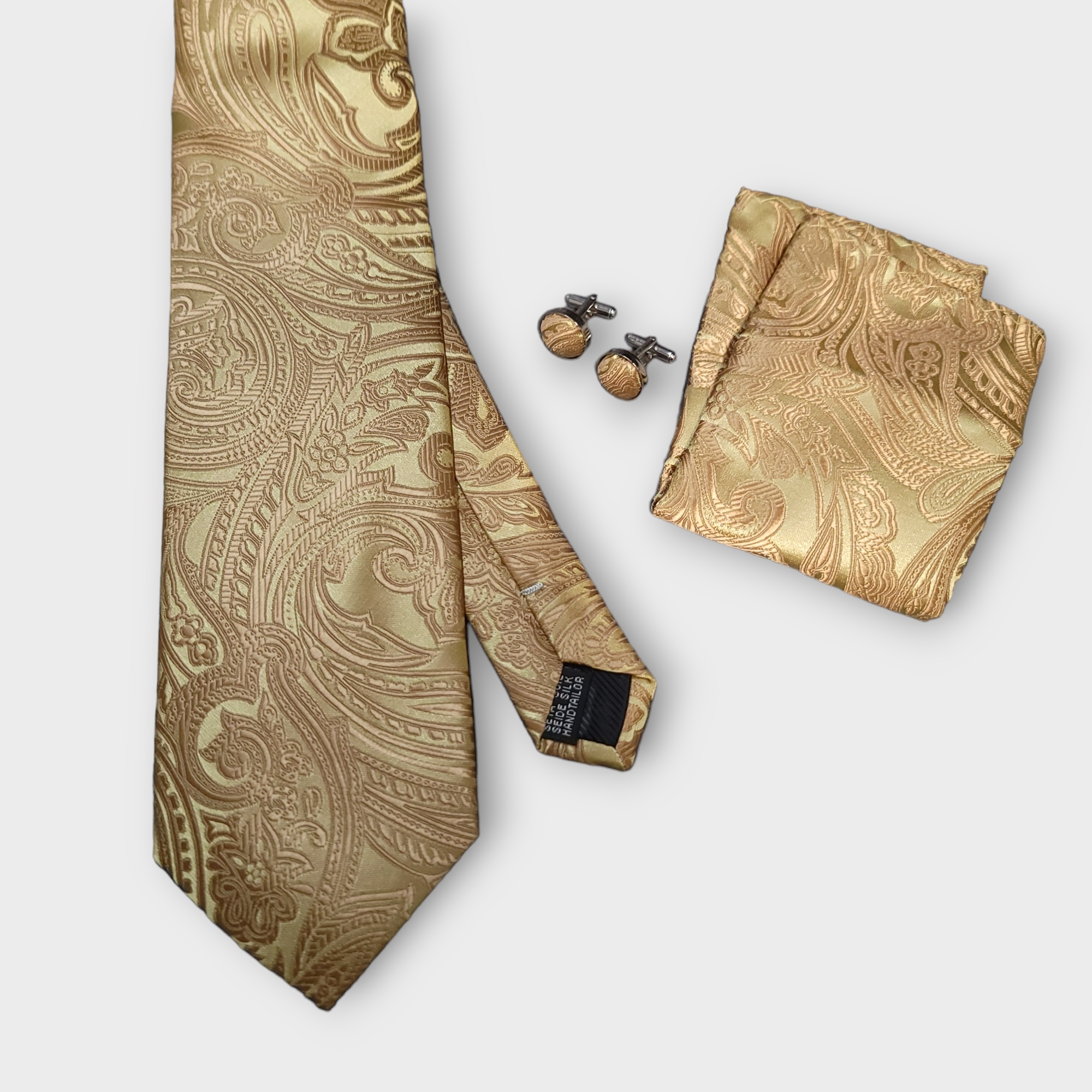 Gold Paisley Silk Tie Pocket Square Cufflink Set